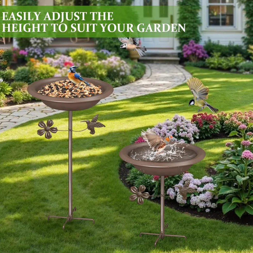 Bseical Bebedero para pájaros de pie, baño para pájaros exteriores, cuenco de metal resistente al invierno