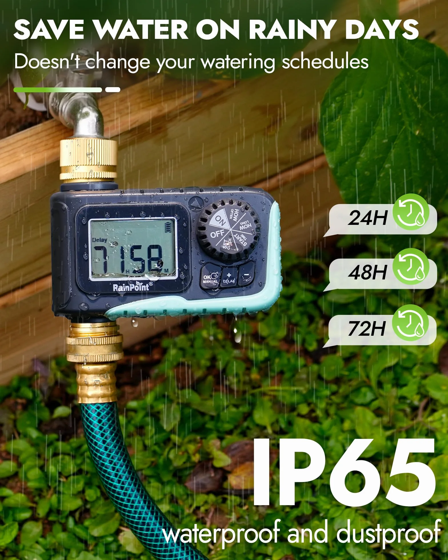 RAINPOINT Temporizador de aspersor con entrada y salida de latón, temporizador de manguera programable para manguera de jardín, temporizador de agua con retardo de lluvia/sistema de riego manual