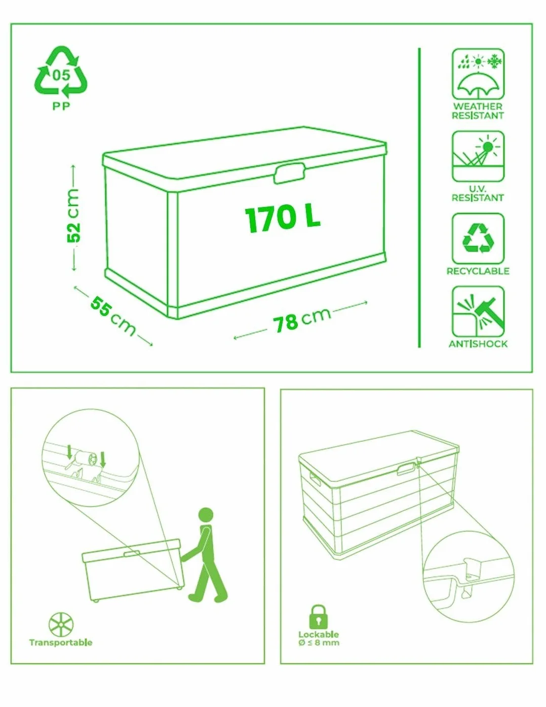 Baúl Exterior Grande 170L Resina Impermeable Resistente UV Antracita Jardin202