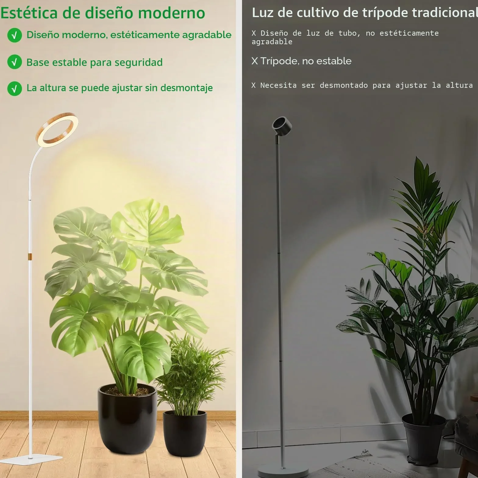 Luz de crecimiento con LED para plantas de interior, lámpara de crecimiento de espectro completo, temporizador de encendido/apagado automático 6/12/18H,42cm~170cm Altura ajustable para plantas grandes