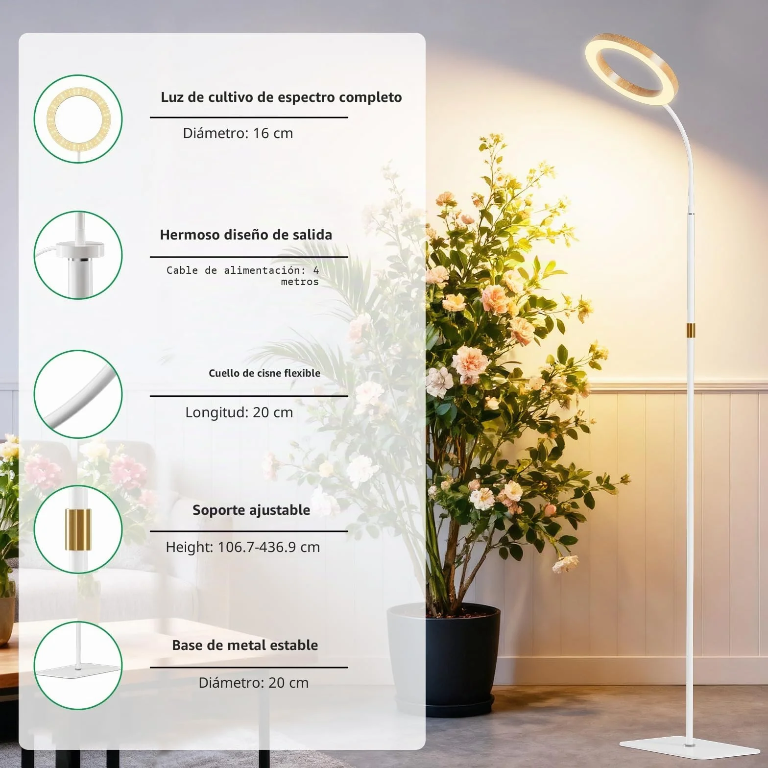 Luz de crecimiento con LED para plantas de interior, lámpara de crecimiento de espectro completo, temporizador de encendido/apagado automático 6/12/18H,42cm~170cm Altura ajustable para plantas grandes