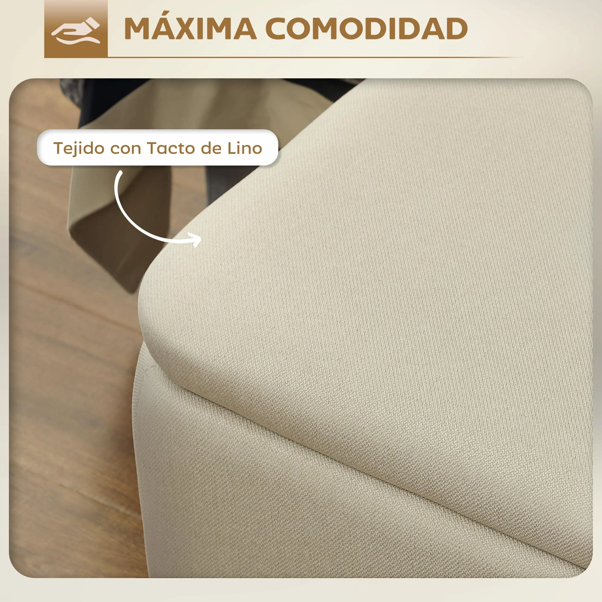 HOMCOM Banco Almacenaje Puff 61L Tapizado Lino Sintético Tapa Abatible Patas Acero 150 kg 101x38,5x44,5 cm Beige
