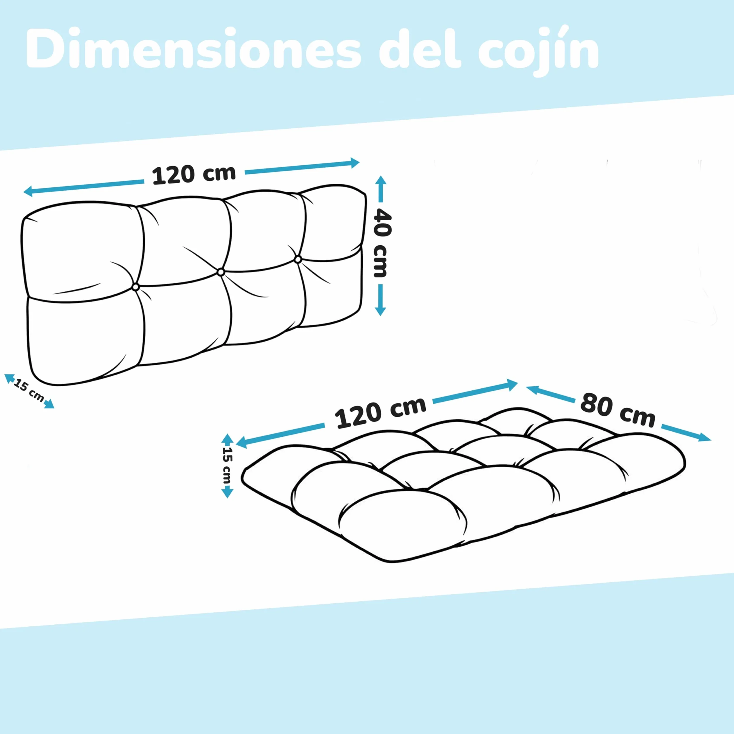 POKAR Set de 2 Cojines para Palets Impermeable 120x80 + 120x40 Gris Oeko-Tex