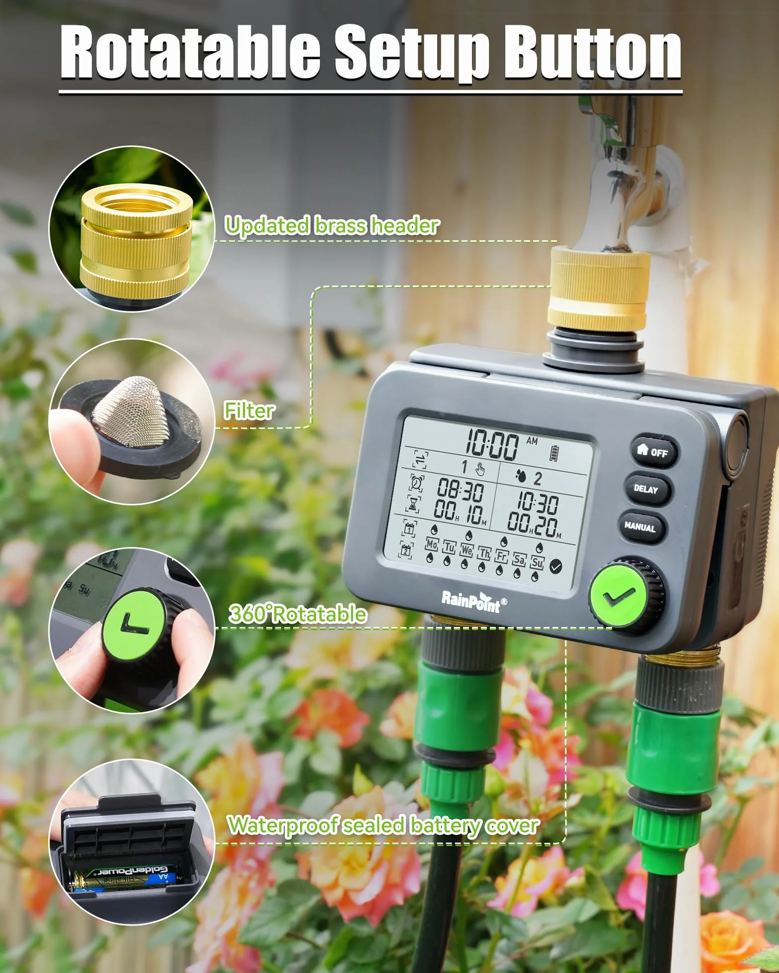 RAINPOINT Programador Riego 2 Salidas, Temporizador Automatico con Retardo de Lluvia, Pantalla LCD