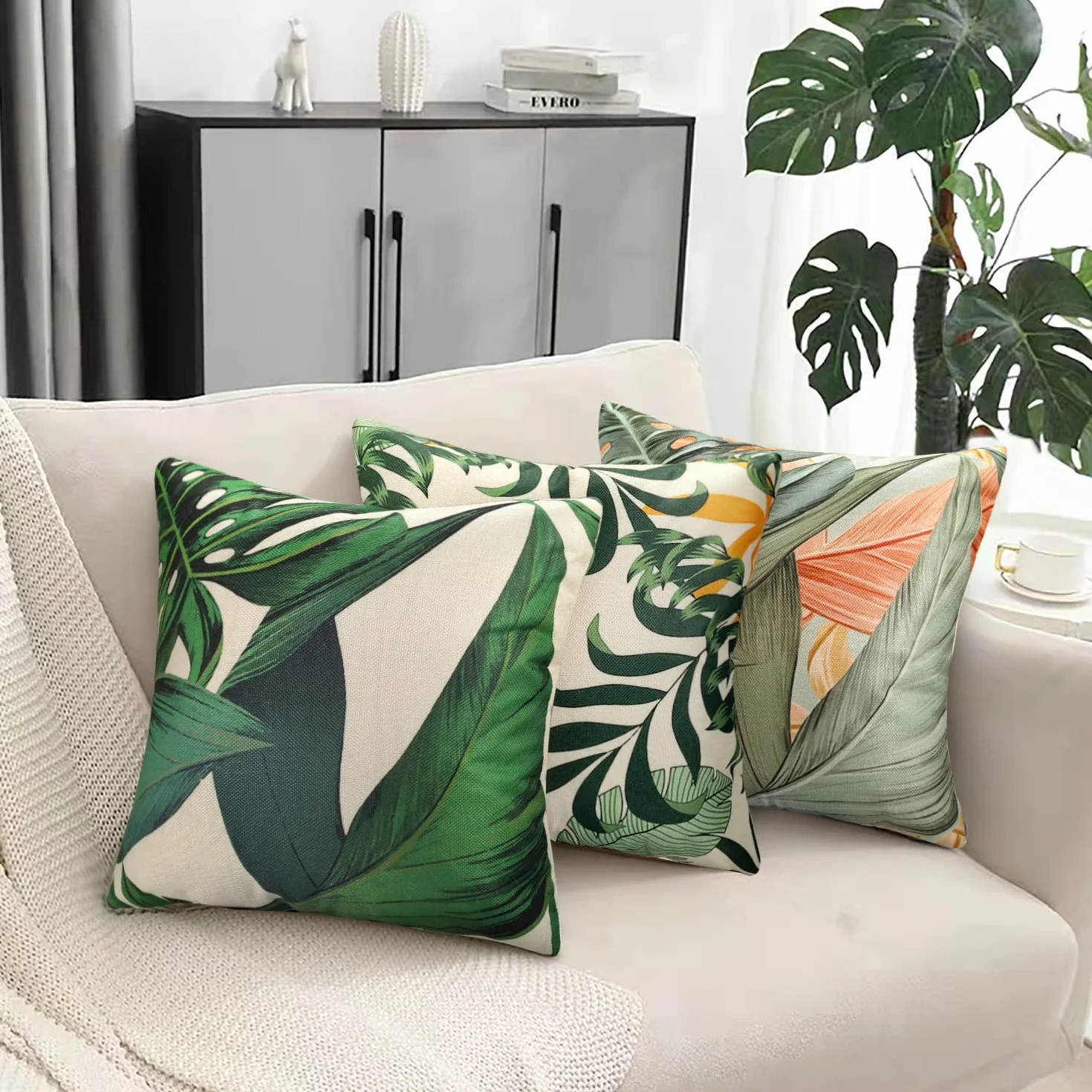 Fundas de Cojines Exterior 40x40cm Impermeable Plantas Tropicales Lino 4 Piezas