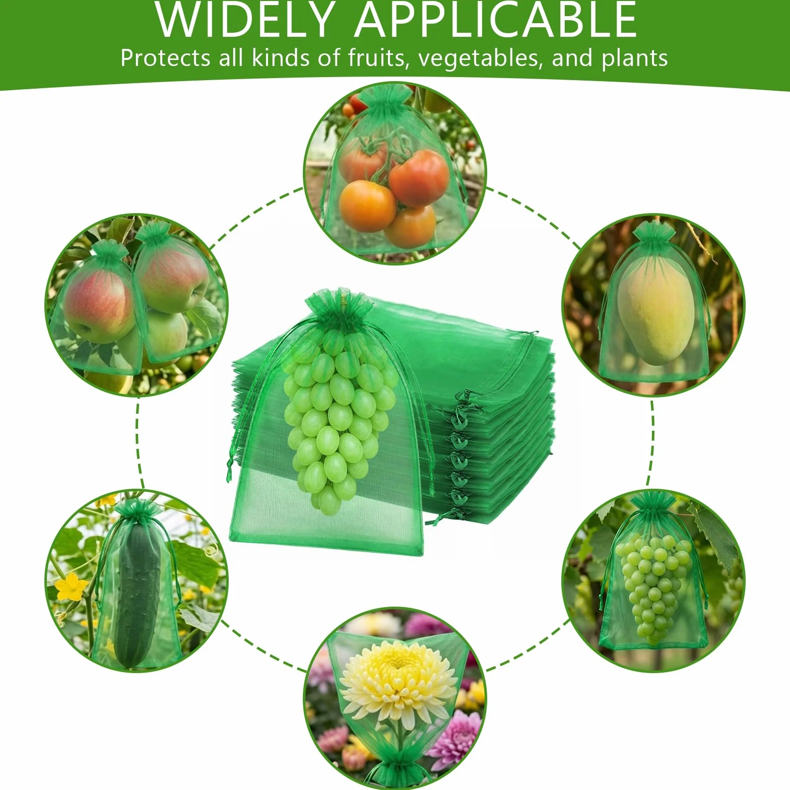 Bolsas Protectoras para Uvas 20x30 cm Malla de Protección con Cordón Verde