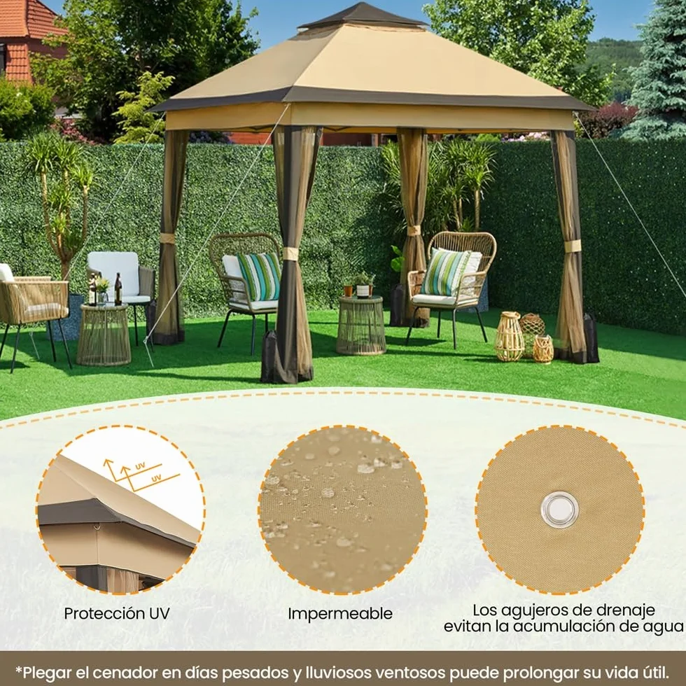 Yaheetech Carpa Plegable 3.3x3.3m Cenador Exteriores con 4 Mosquiteras con Cremallera,Altura Ajustable de 271-291cm,Resistente al Viento,Montaje Rápido,Ideal para Jardín y Patio,Color Caqui