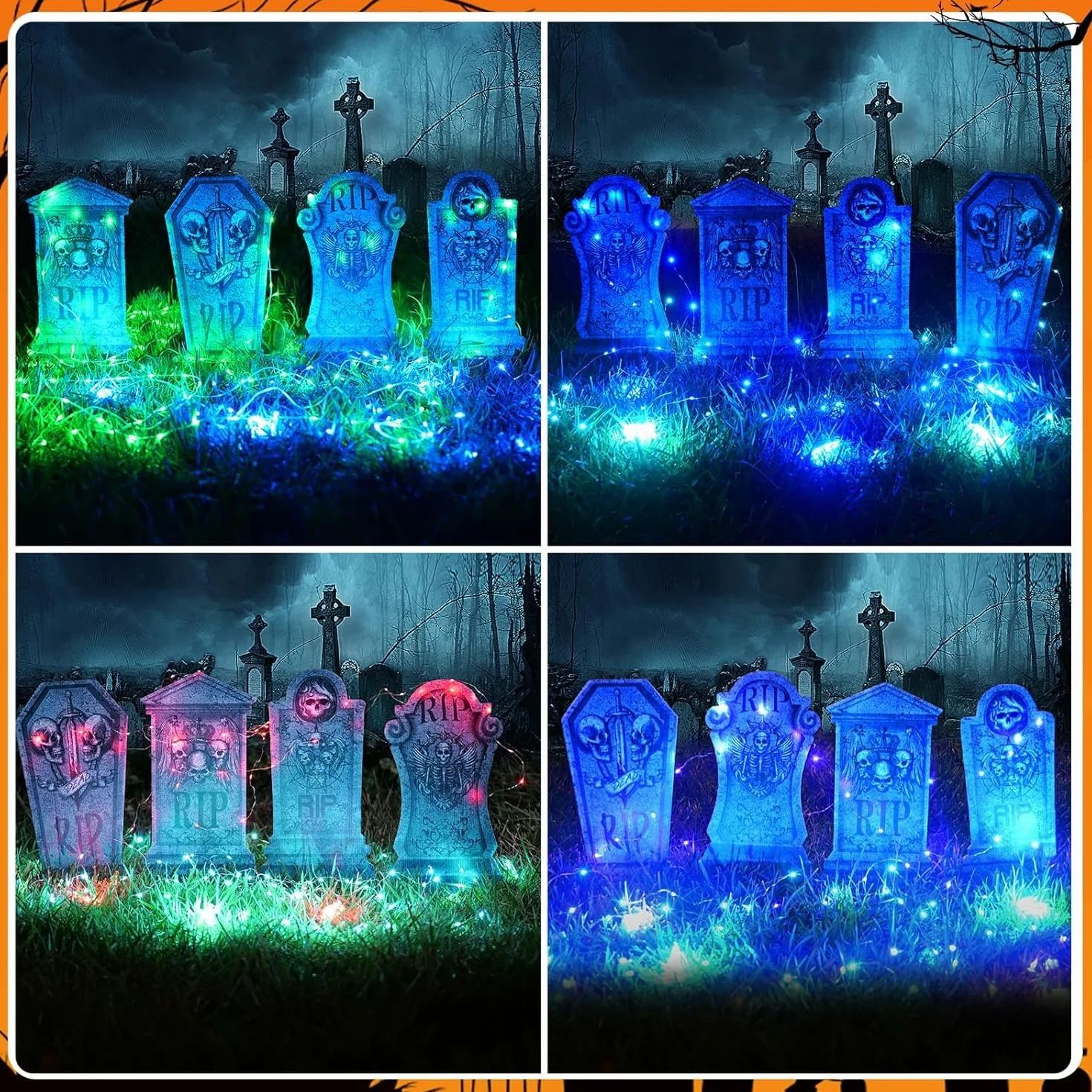 Decoración Lápidas Halloween con Luces LED 6 Unidades Plástico Gris 12 Estacas Jardín Cementerio Tiras Luz Azules Verdes 3 Modos