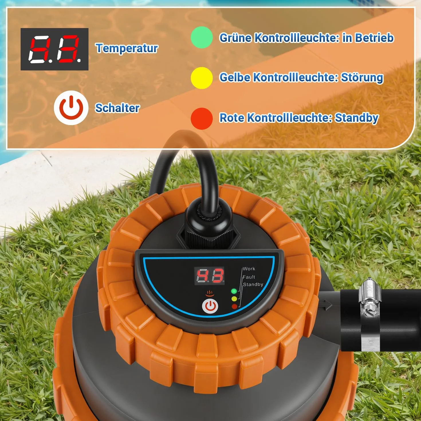 Calentador eléctrico para piscinas 17x42 cm interfaz digital 32-38 mm protección fugas vuelco ignífugo 45°C