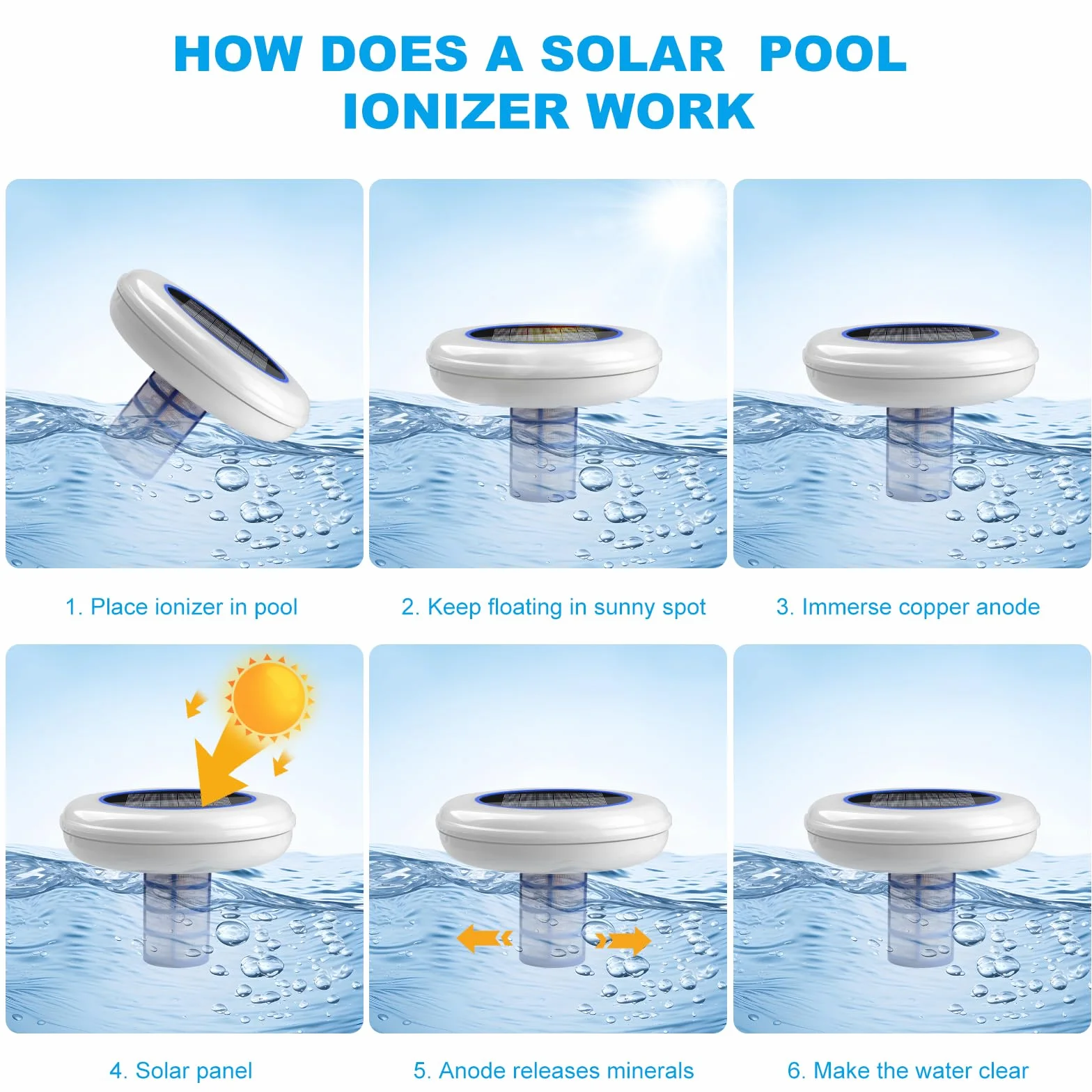 Ionizador Solar para Piscina, Depuradora Solar 35.000 Galones, Cobre y Plata con Cepillo y Tiras de Prueba