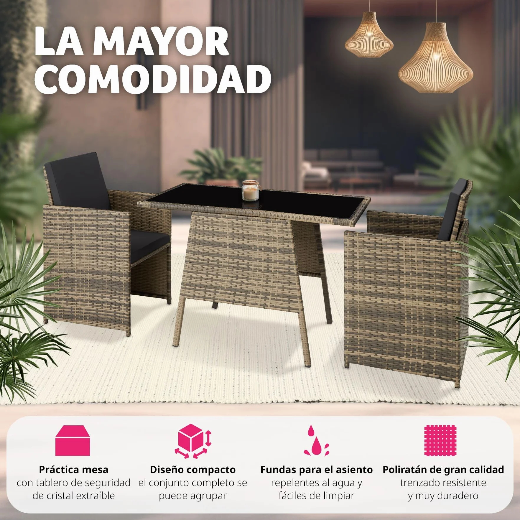 tectake Conjunto Jardín Exterior Ratán Aluminio 2 Sillas Cojines Mesa Cristal Apilable