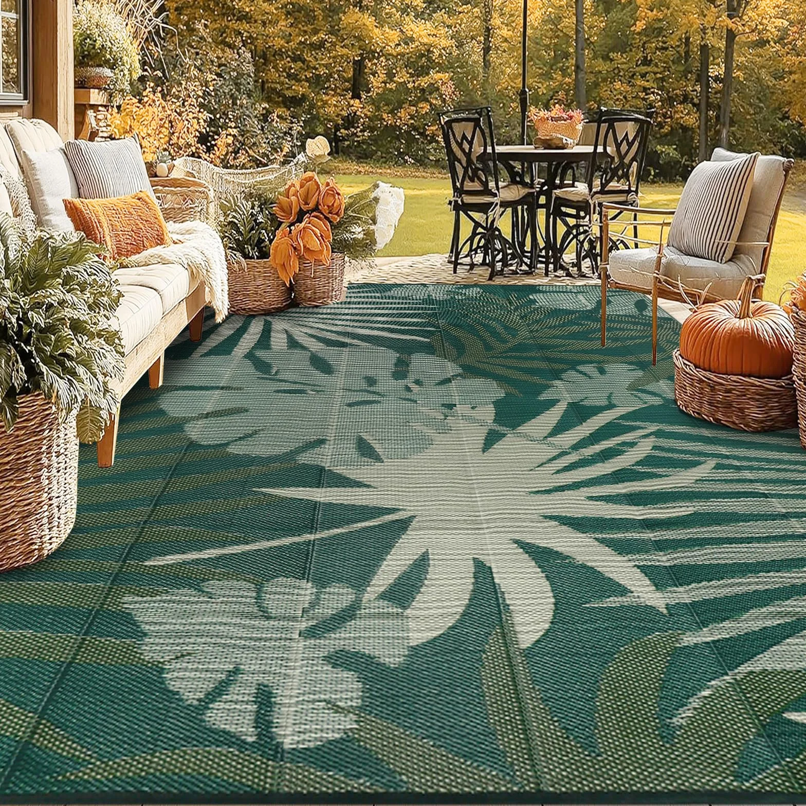 Homcomodar Alfombra Exteriores para Patio 245x305cm Alfombras Grande de Camping Paja Plástico Esteras Reversibles Resistente UV Balcón Verde