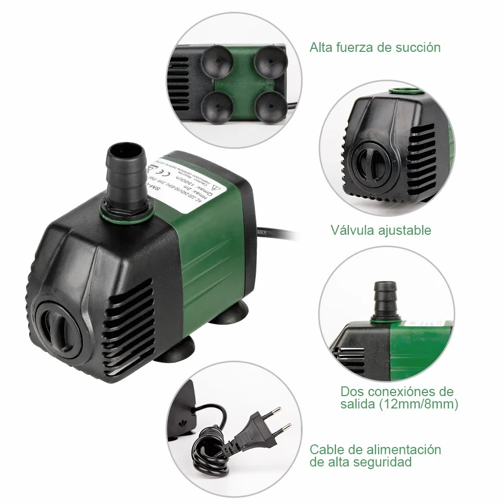 Bomba de Agua Sumergible 1500L/H 25W para Acuario Estanque con 2 Boquillas