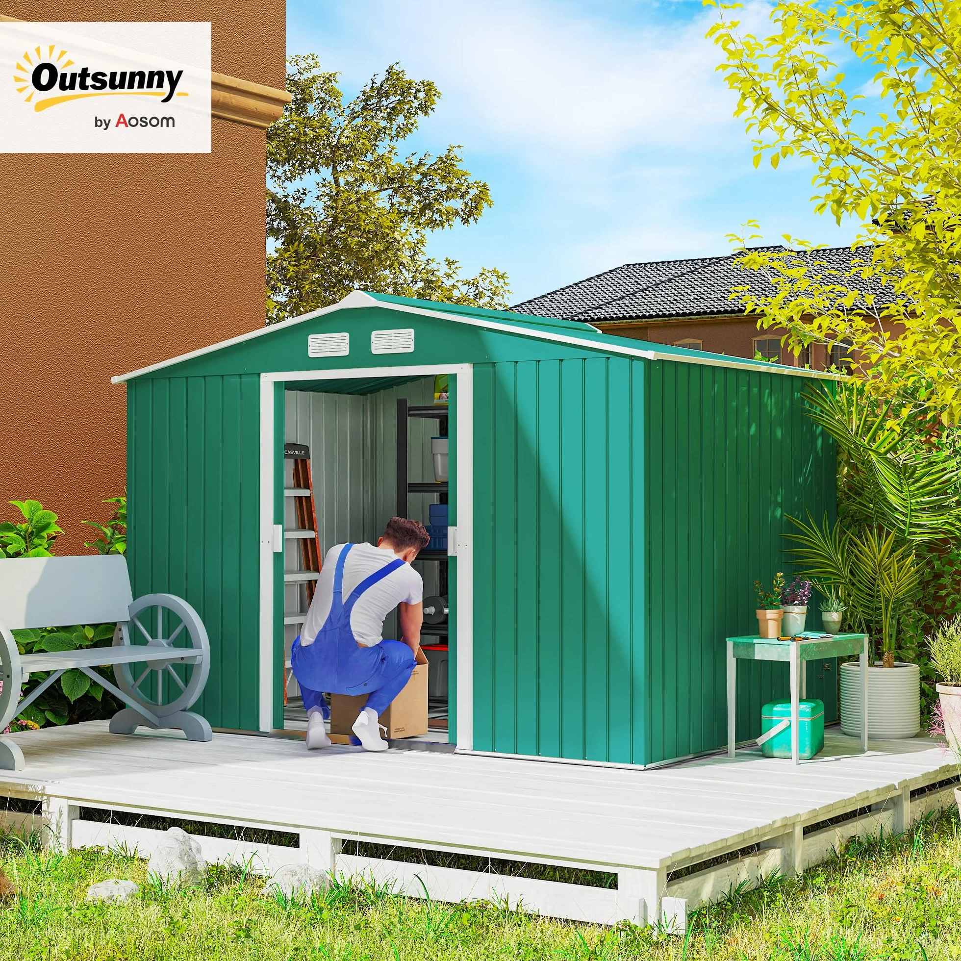 Outsunny Caseta de Jardín Exterior 4,9 m², 277x195x192 cm, Cobertizo Metálico con Puerta Corredera, Verde Oscuro