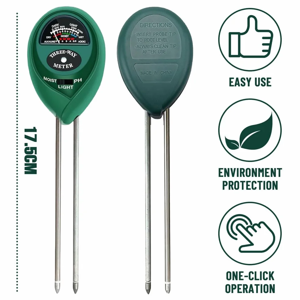 Medidor de Humedad del Suelo 3-en-1 con Función de Luz y Prueba de PH para Jardinería