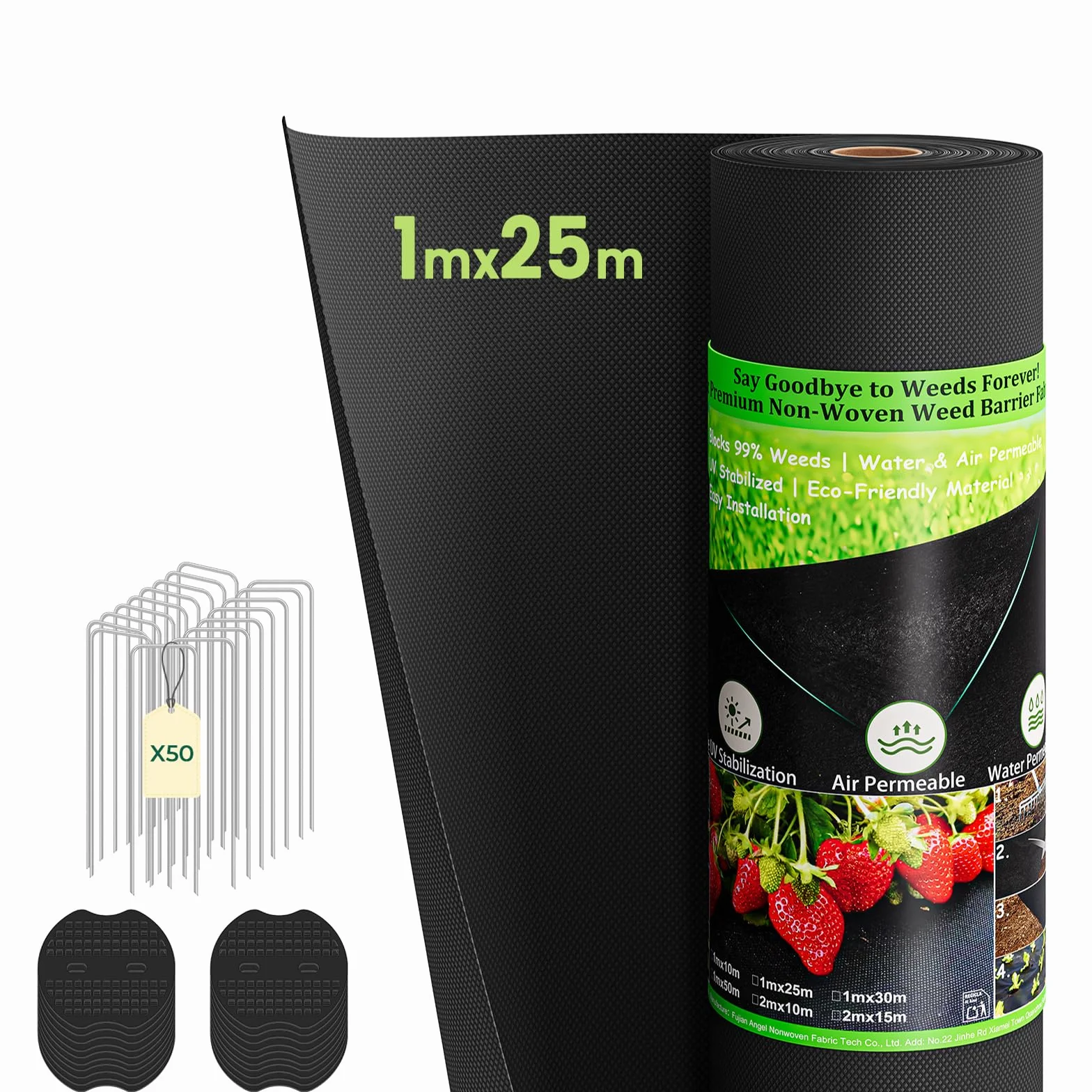 Dripex Malla Antihierbas 1x25M con 50 Clavijas de Jardín, 100g/m² Tela Geotextil para Control de Maleza, Malla contra Malas Hierbas, Resistente a la Rotura y Estabilizada contra UV