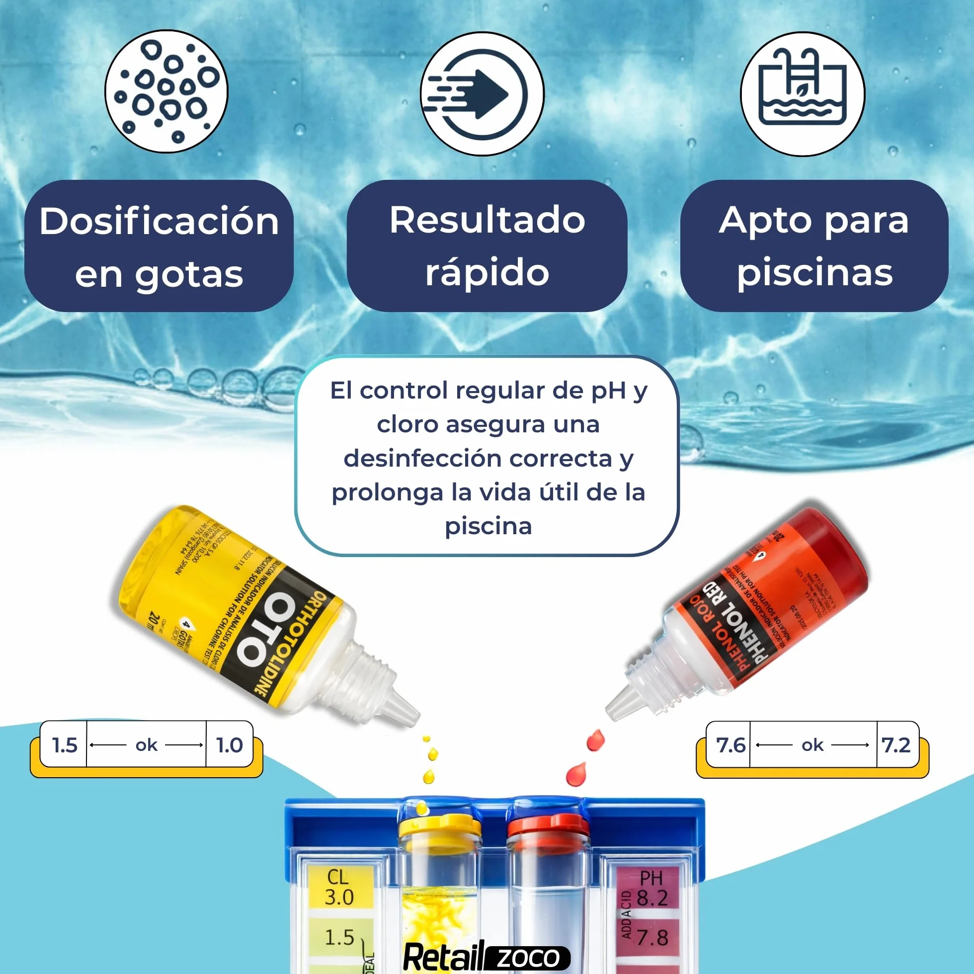 Test Kit Cloro y pH Medidor Agua Piscina Accesorios Básico Phenol OTO
