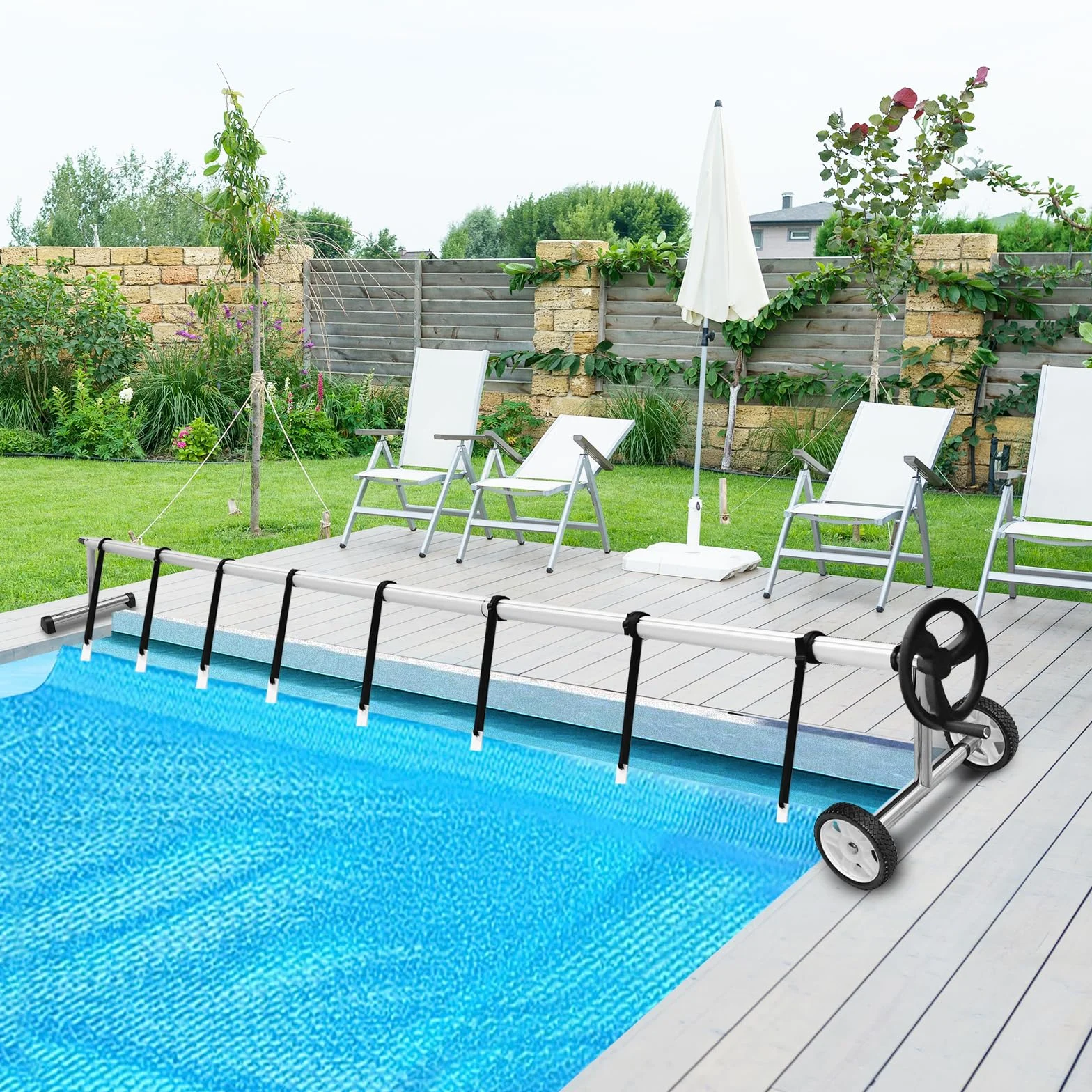 COSTWAY enrollador Piscina 1,65-7 m con Ruedas de Goma, Carrete de Cubierta Solar