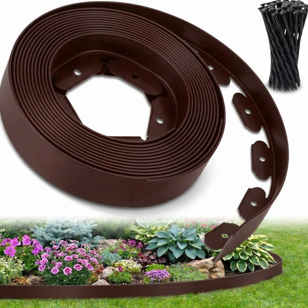 Bordura Jardín Exterior 10 m Flexible Borde Plástico Resistente 5 mm con 30 Piquetas Marrón