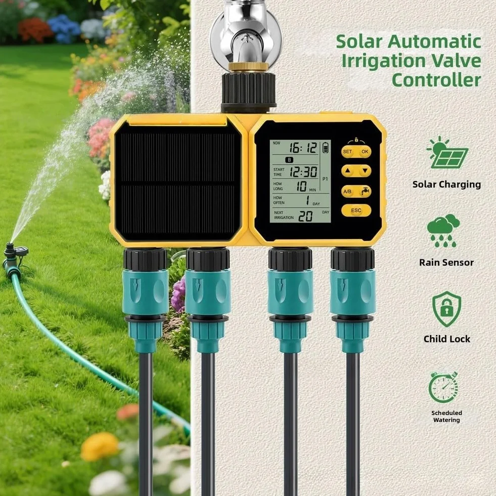 Controlador solar de riego de 4 canales, temporizador de riego de jardín, material de latón con sensor de lluvia y respaldo USB, para automatización de invernadero de césped, cama de flores, vegetales