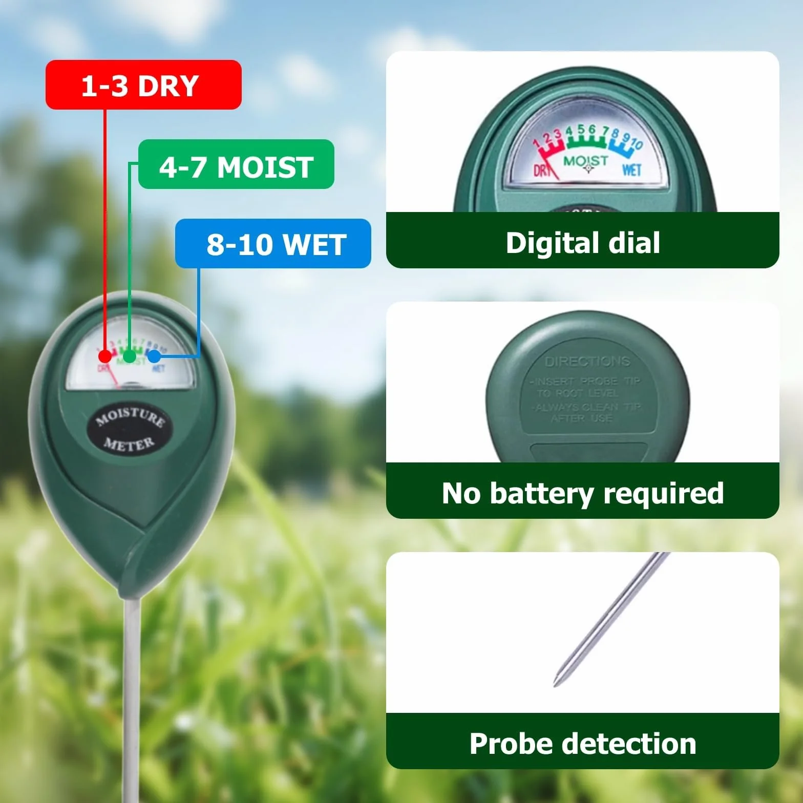 Medidor de Humedad de Suelo, 2 Piezas Sonda Larga, Sensor de Agua, no Necesitan Baterías, Jardín