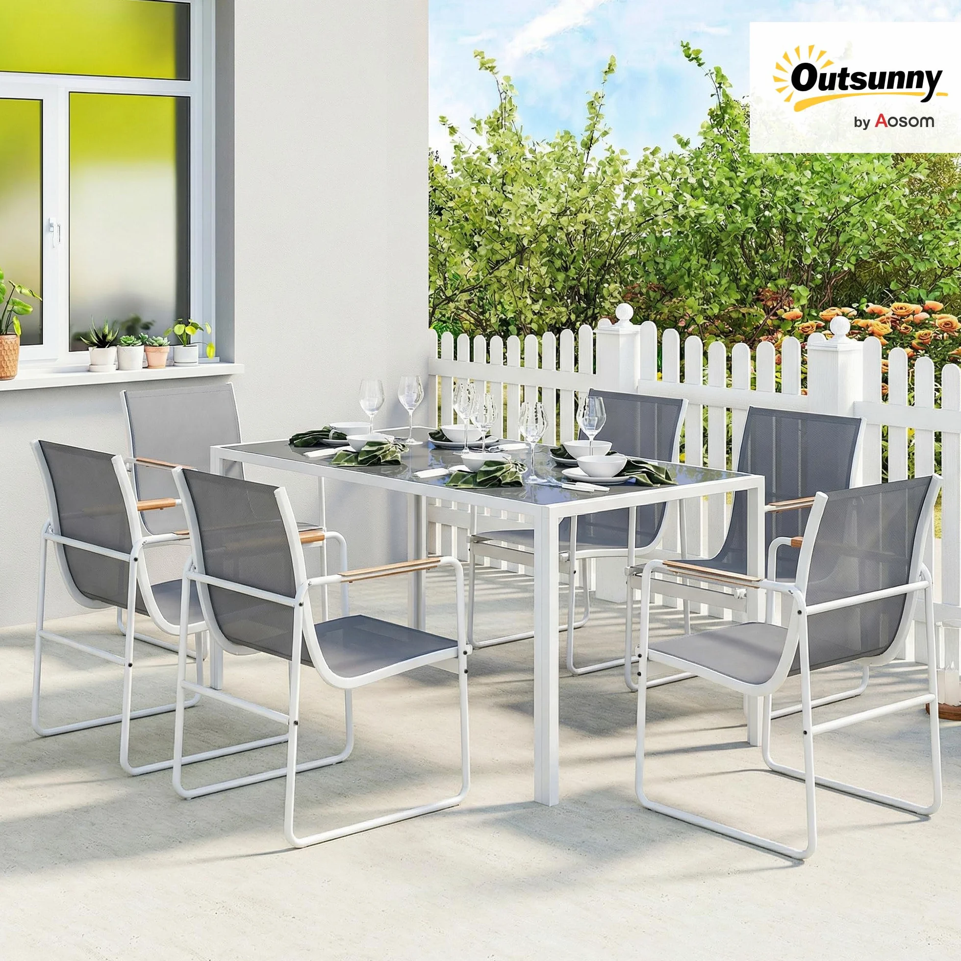 Outsunny Conjunto de Mesa y Sillas Jardín de 7 Piezas, Muebles Jardín Exterior con Mesa de Vidrio Templado, 6 Sillas Transpirables Decorativas, Marco de Acero Resistente a la Intemperie, Blanco y Gris