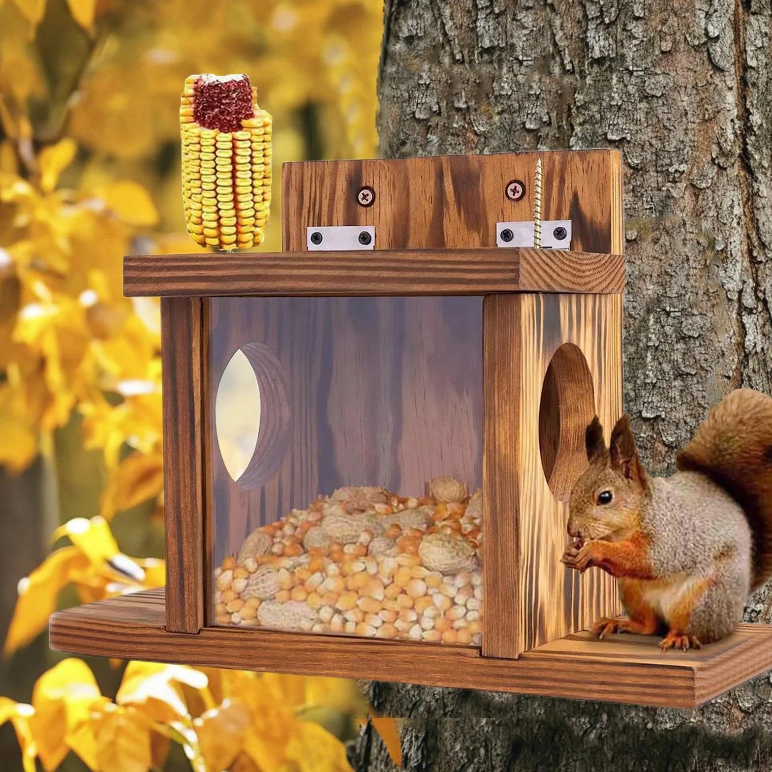 Caja de Madera para Comederos de Ardillas Rústica Decoración de Jardín