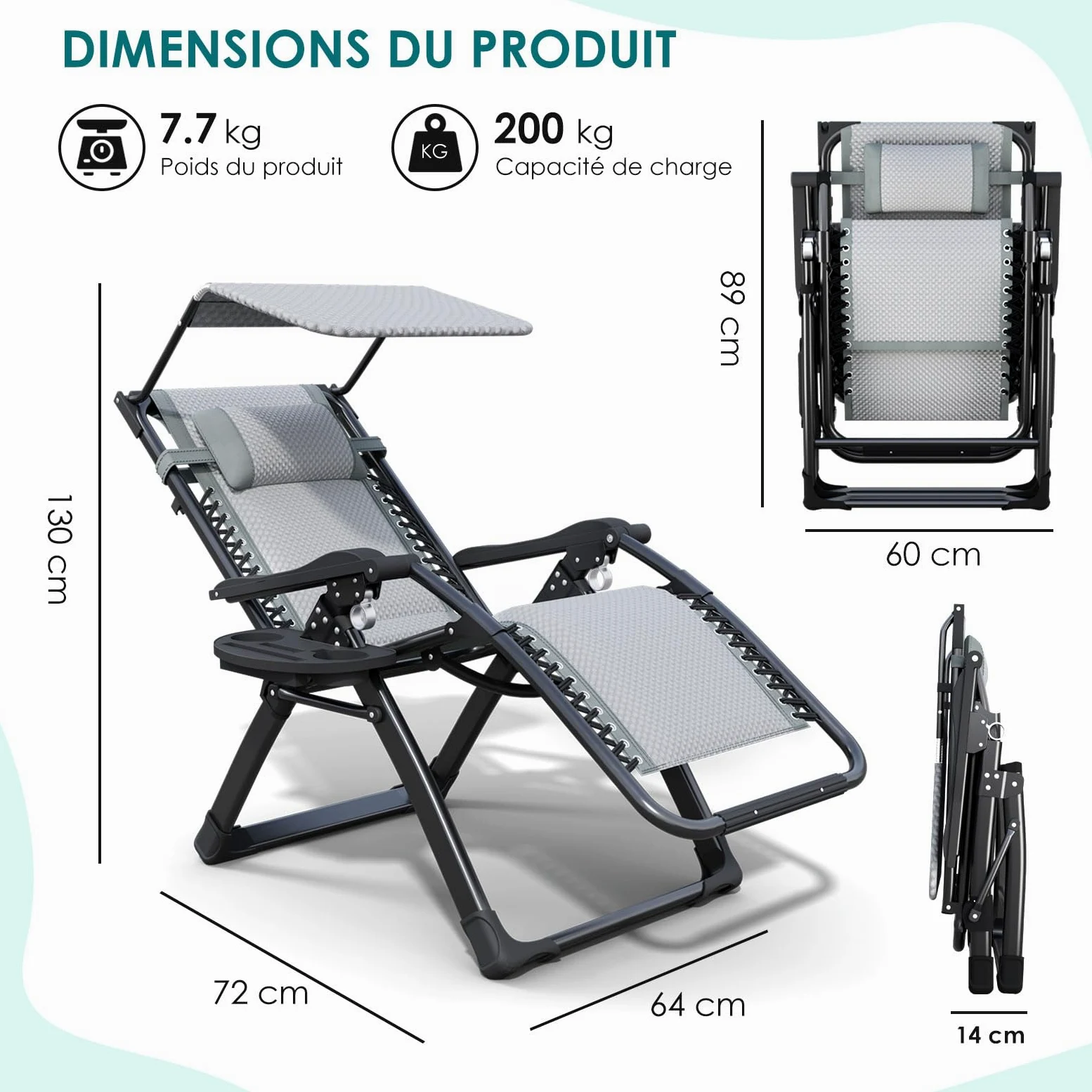 ATORPOK acolchado Zero Gravity Lounge Chair – Inclinación de Patio Plegable con toldo ajustable, reposacabezas y portalámparas para patio trasero, borde de piscina y playa (Gris)