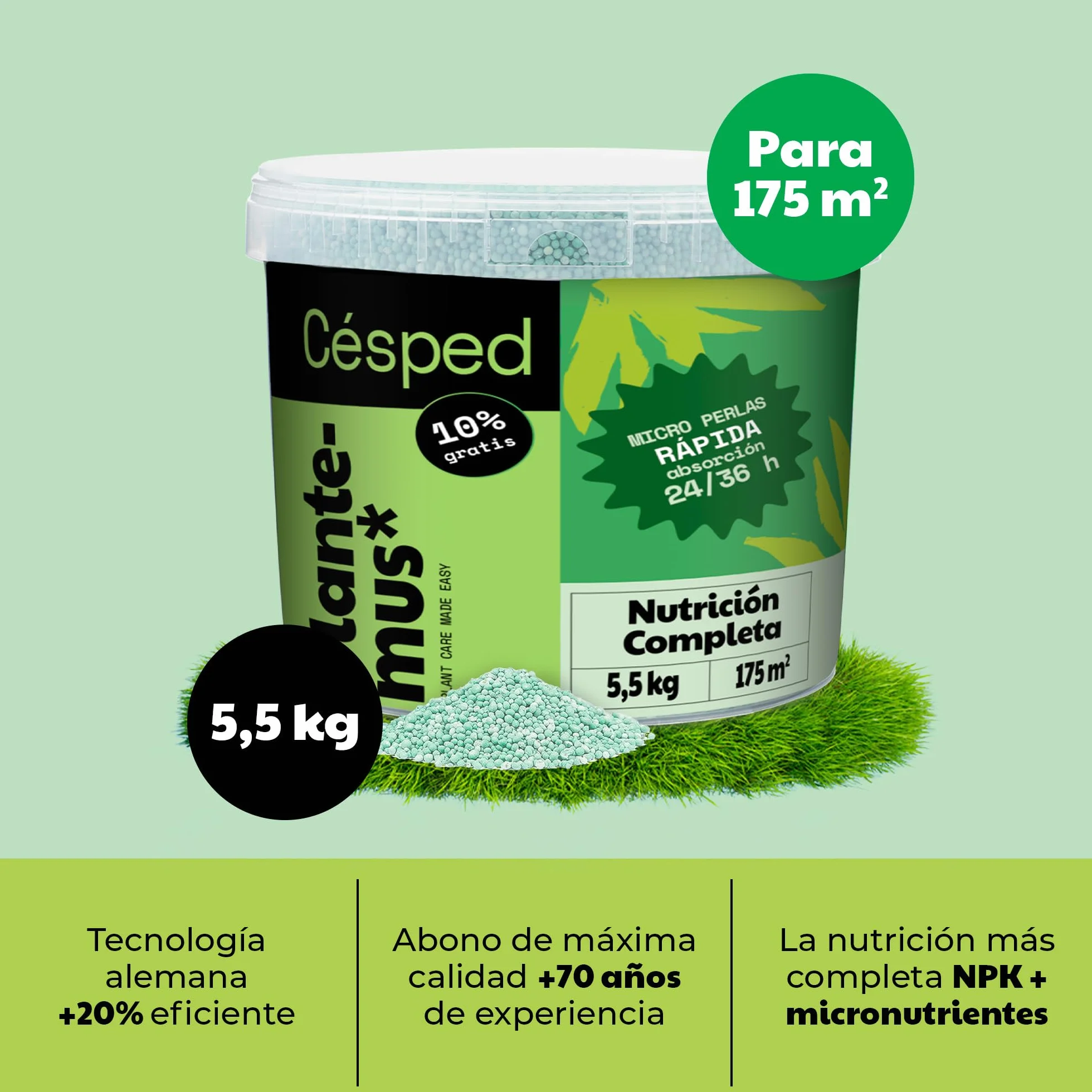 PLANTEMUS Abono Césped Premium Efecto Prolongado 175 m² Fertilizante NPK (12-11-18) Granulado Perlas Ultrasolubles 5.5 KG