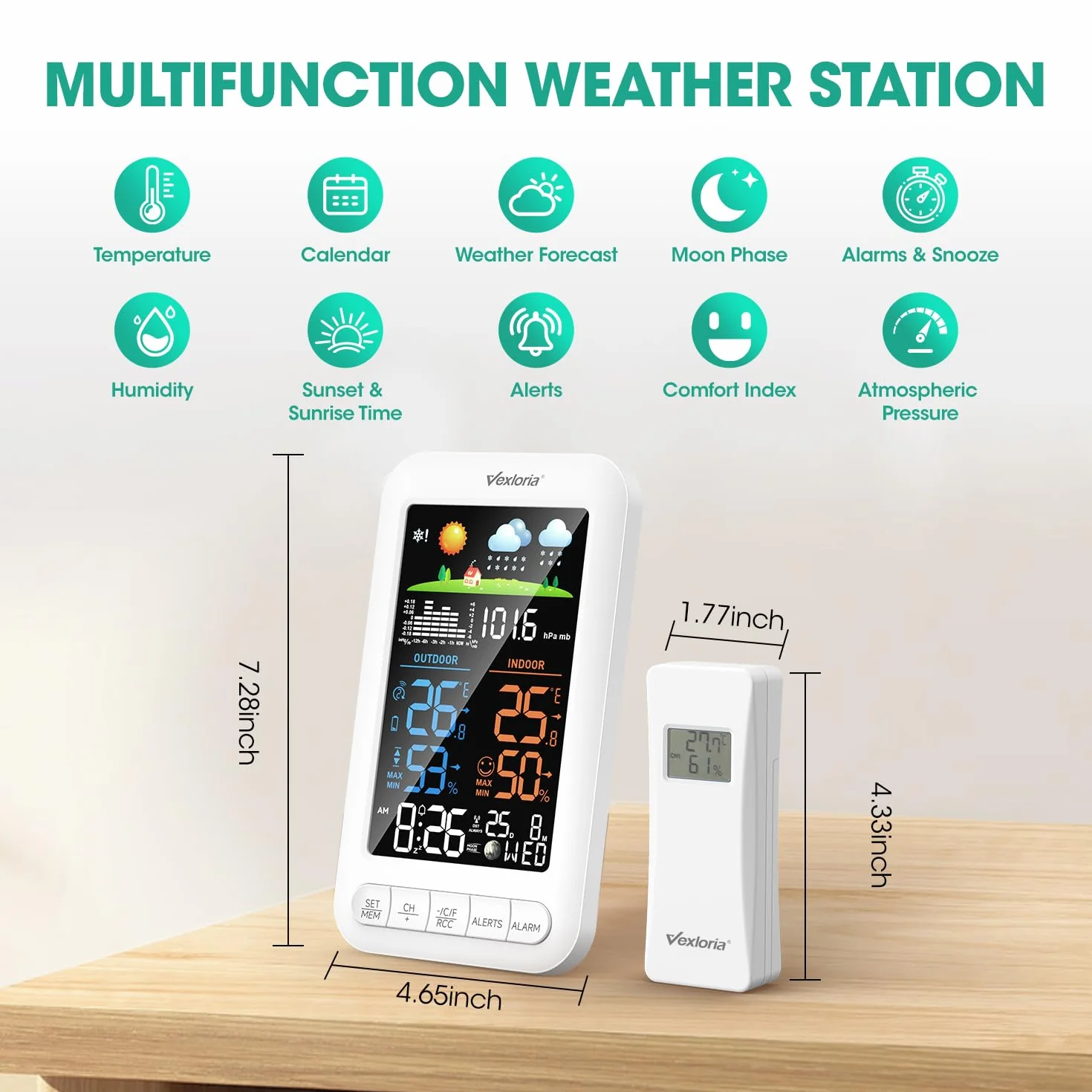 Estación Meteorológica Inalámbrica Vexloria con Sensor Exterior, Radio Reloj DCF, Termómetro Higrómetro Interior, Pronosticador del Tiempo Blanco