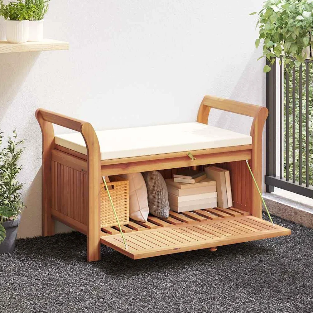 vidaXL Banco almacenaje jardín cojín Madera Maciza Acacia 91 cm