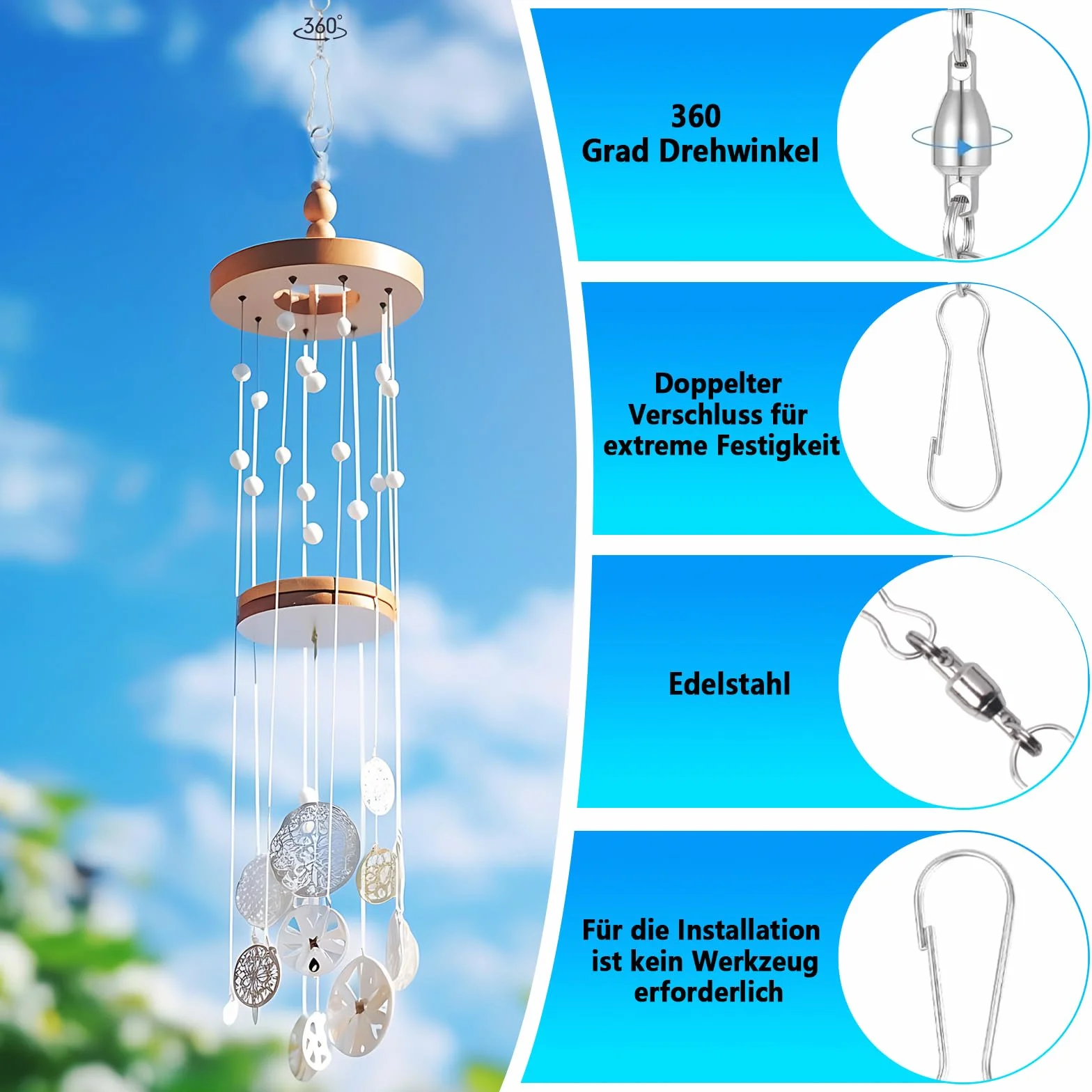 Ganchos giratorios de acero inoxidable 360° doble clip para colgar macetas y carillones