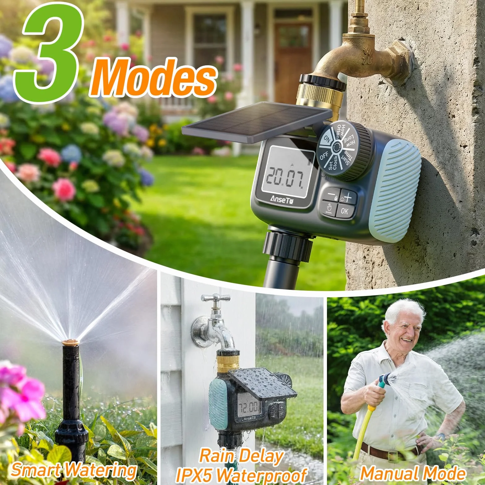 Temporizador de Riego Automático LCD con Carga Solar y Tipo C para Jardín