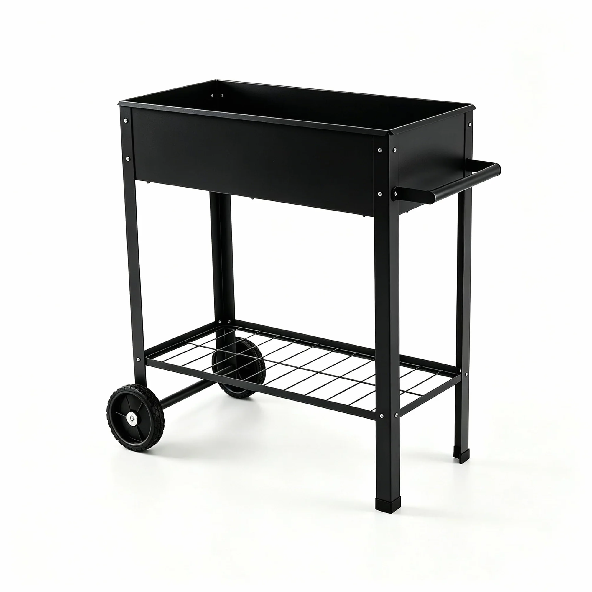 HOMASIS Cama Elevada de Jardín con Ruedas, Mesa de Cultivo con Estante de Malla, Asa, Estructura de Metal, Agujero de Drenaje, Huerto Urbano Exterior para Plantas, Flores, 88 x 37 x 80 cm (Negro)