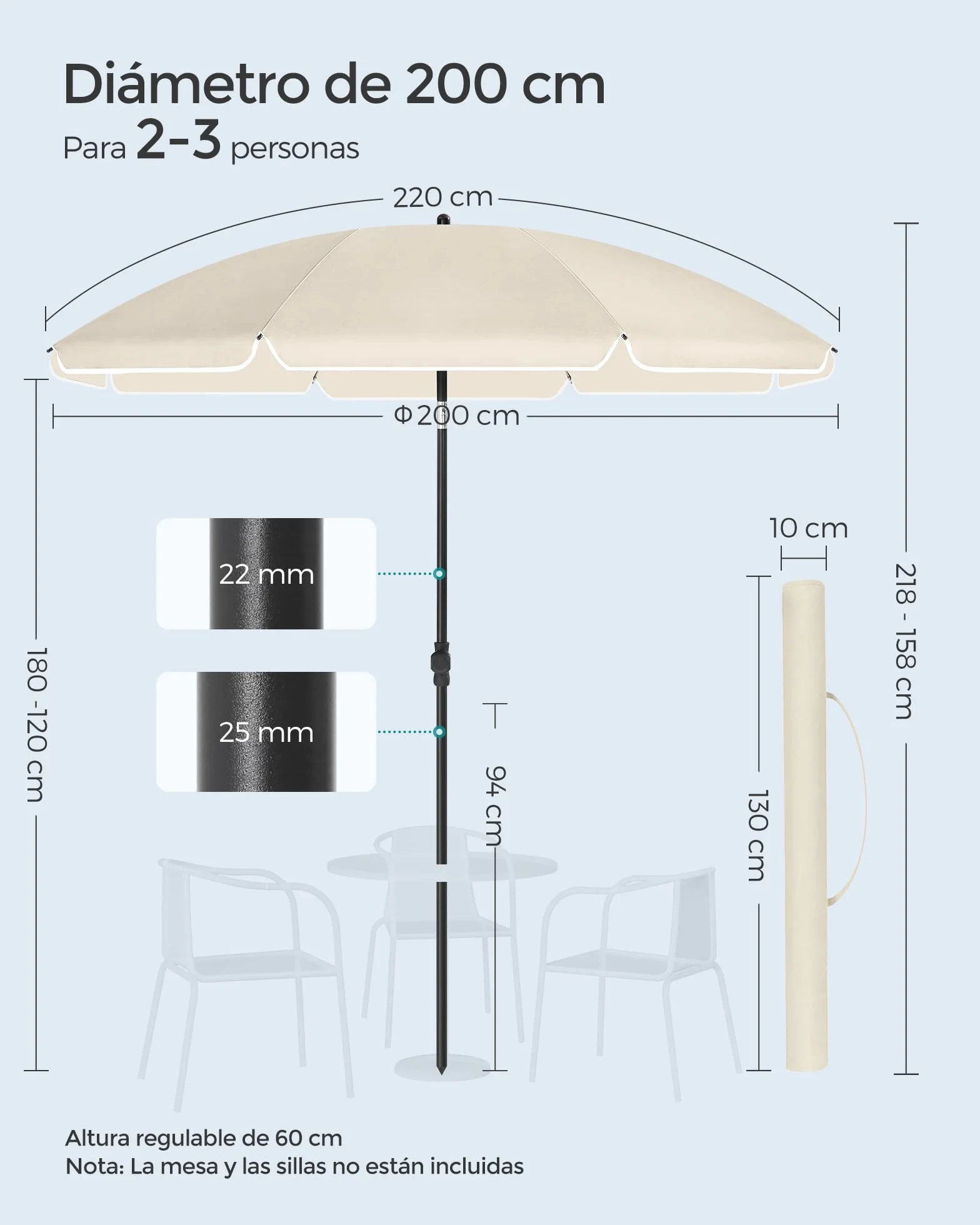 SONGMICS Sombrilla 200 cm UPF 50+ Inclinación Bidireccional 30° Altura Ajustable con Bolsa