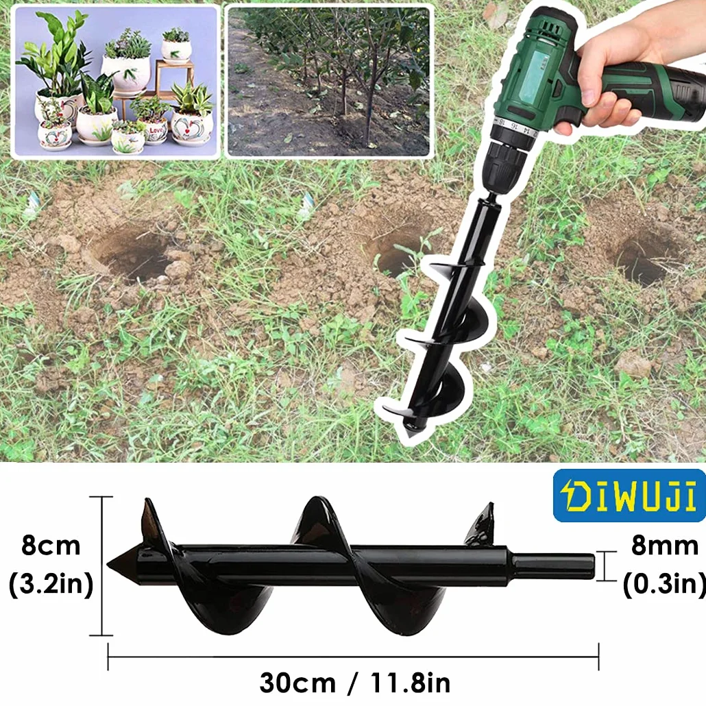 Taladro Sembradoras Jardín Excavadora, Cultivador de Suelo Broca Hex Inoxidable 8x30 cm para Plantar Árboles Arbustos