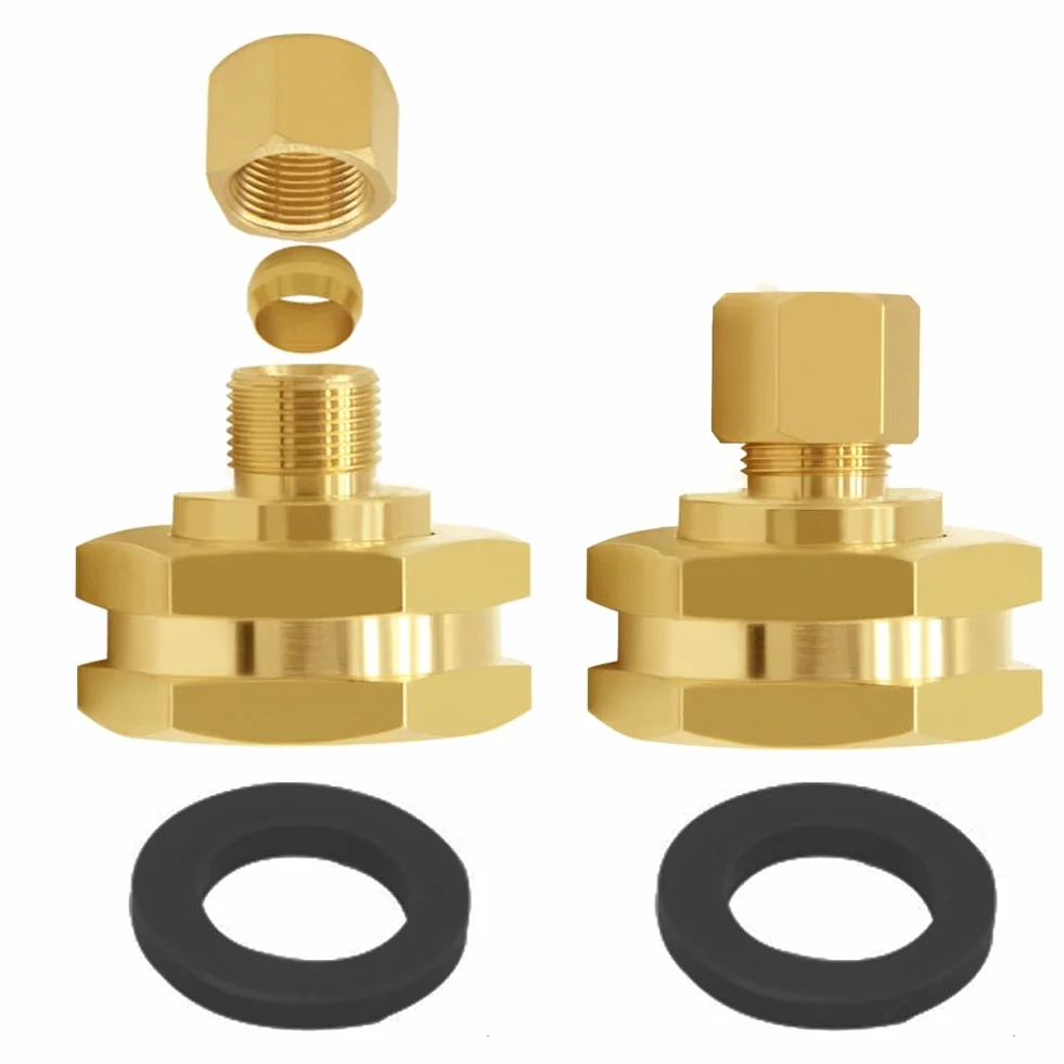 Joywayus Adaptador de grifo estándar de latón de EE. UU. Convierte rosca hembra de manguera de jardín de 3/4 pulgadas GHT a adaptador de tubo de compresión OD de 1/4 pulgadas (paquete de 2)