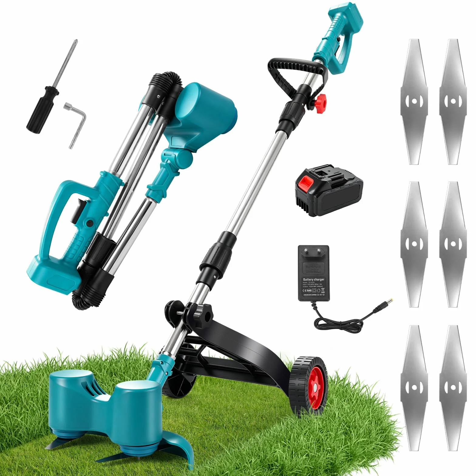 Desbrozadora inalámbrica con batería de 3000 mAh y cargador, 15000 rpm, cortacésped giratorio de doble cabeza con 6 cuchillas + rueda de apoyo, plegable y portátil, para jardín y malas hierbas