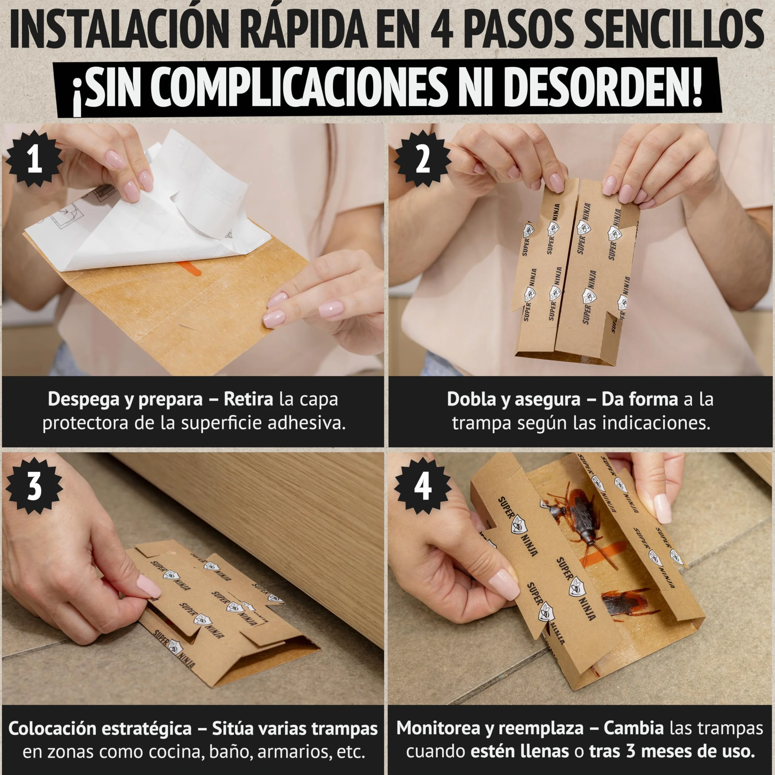Trampas para Cucarachas Super Ninja – Pack 12 Unidades, Trampa Adhesiva con Atrayente Natural, Mata Cucarachas sin Tóxicos, Duración 3 Meses