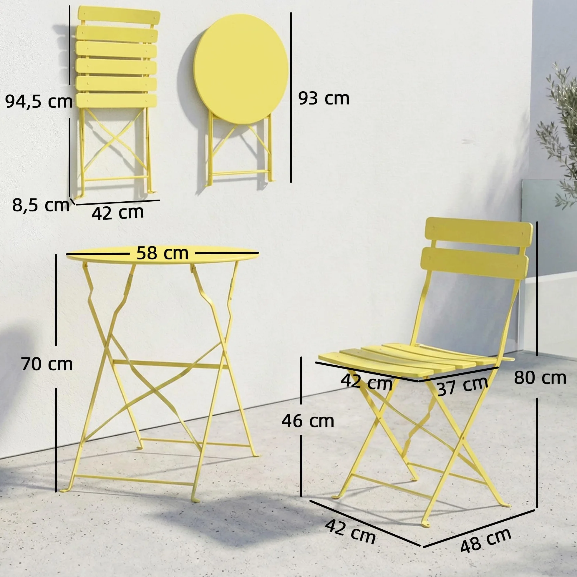 Outsunny Juego de bistró de jardín 3 Piezas Mesa y 2 sillas plegables de metal con doble protección antioxidante Amarillo