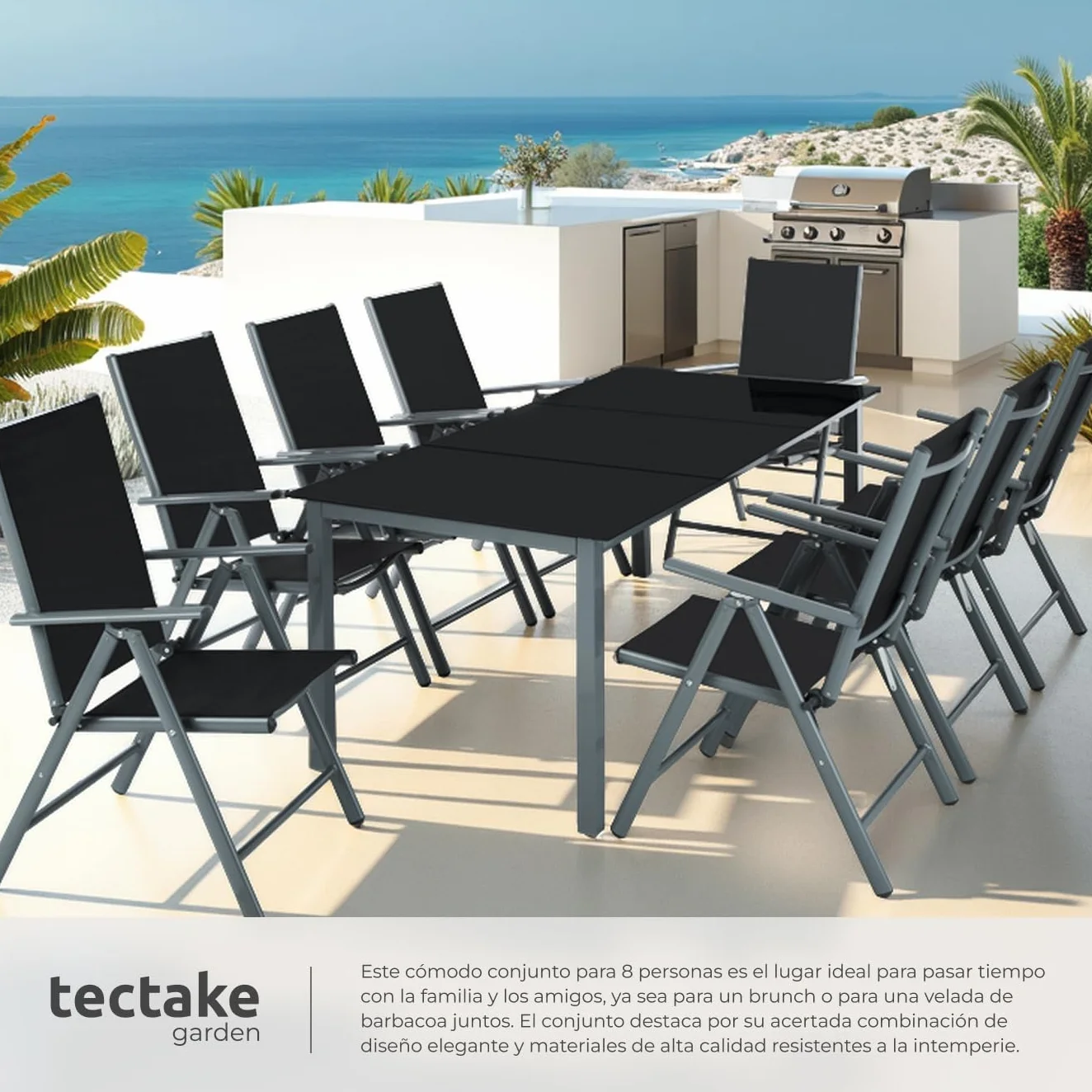 tectake Conjunto Muebles Jardín Exterior 9 Piezas, Aluminio, Mesa y Sillas Terraza Impermeables, Antracita