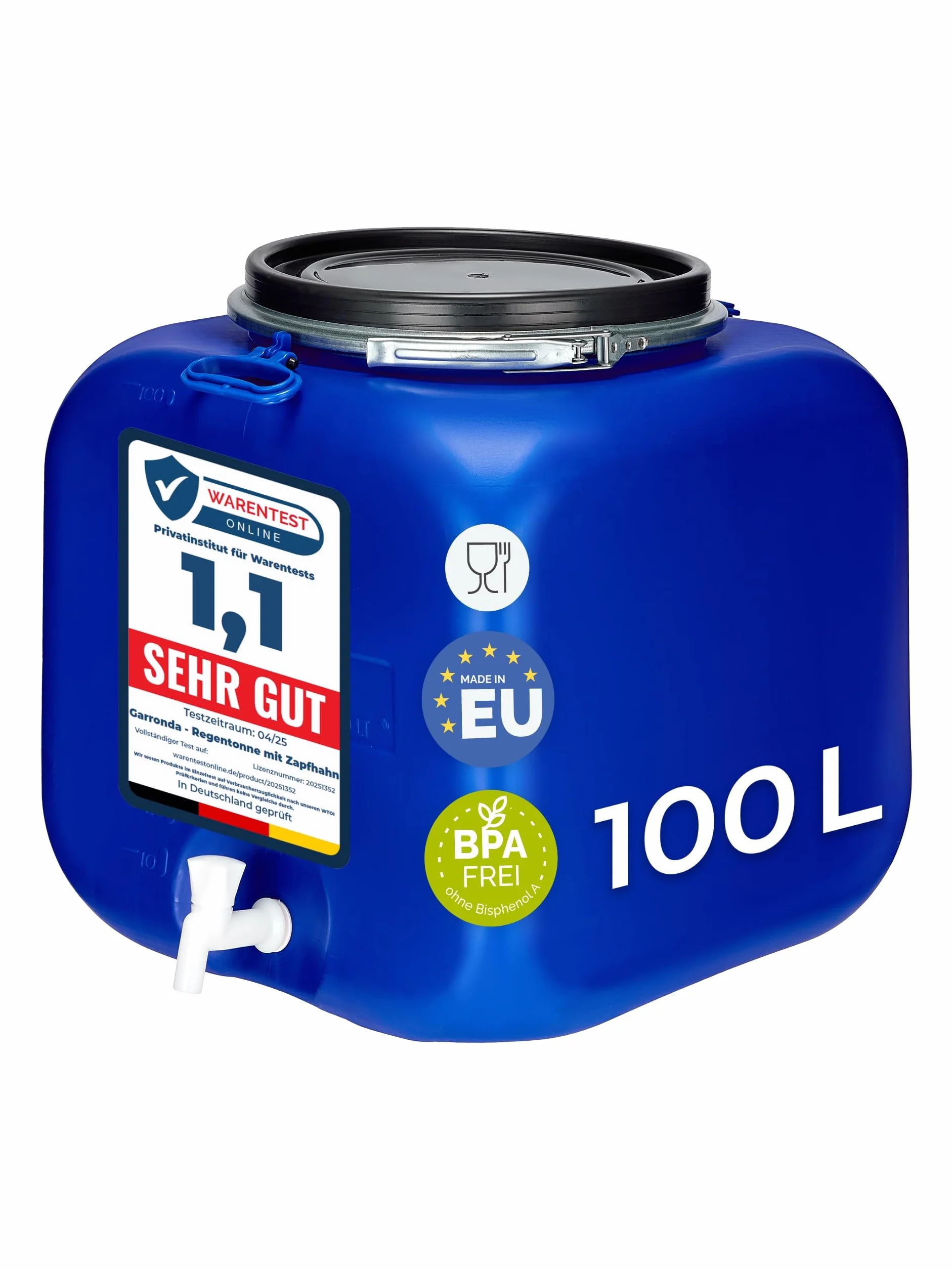 Barril de Agua de Lluvia 100 litros Cuadrado con Tapa y Grifo Boca Ancha Azul