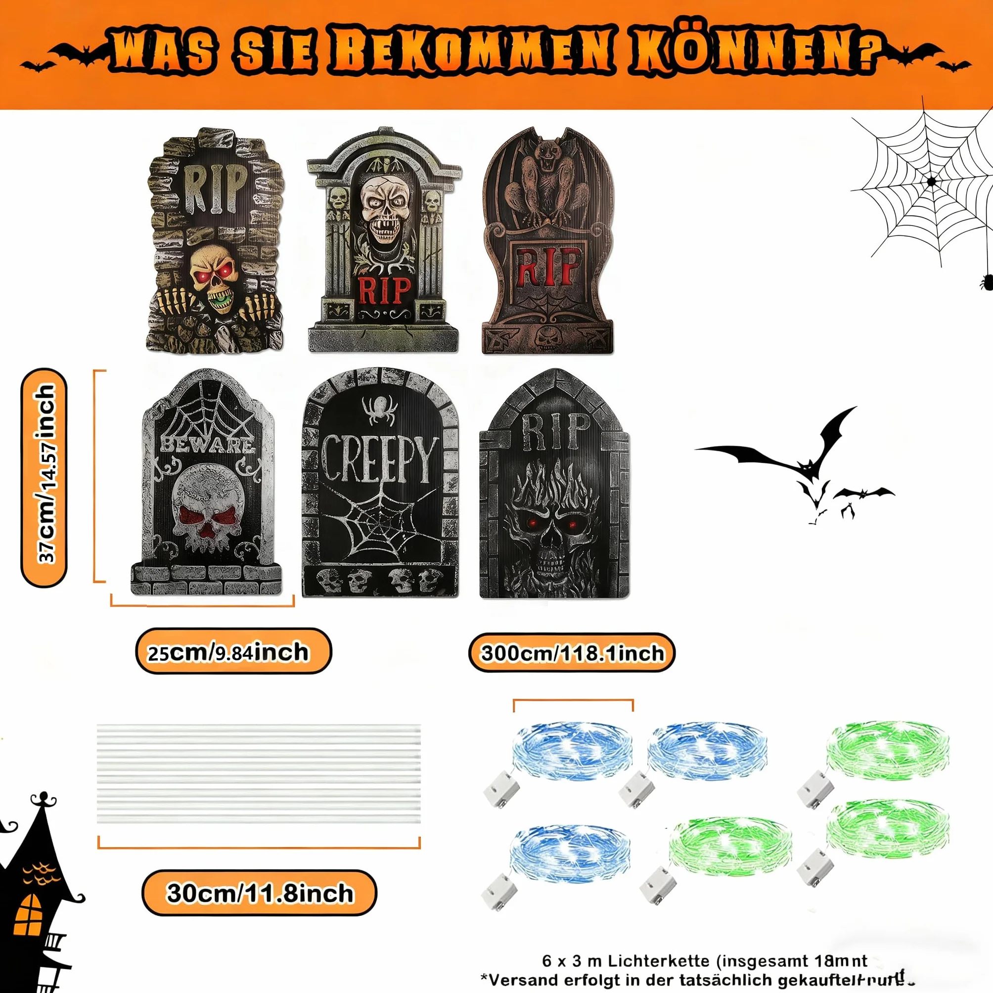 Decoración Lápidas Halloween con Luces LED 6 Unidades Plástico Gris 12 Estacas Jardín Cementerio Tiras Luz Azules Verdes 3 Modos