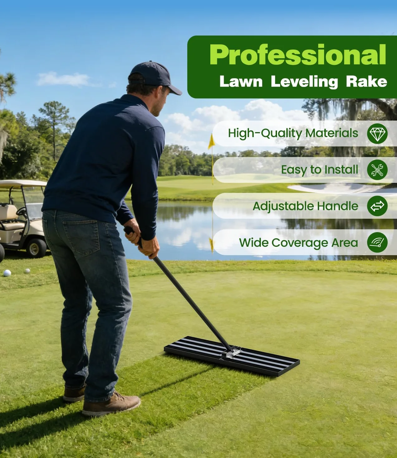 Professional Lawn Leveling Rake with Adjustable Handle, 204x76x25cm Heavy Duty Metal Ground Leveler for Garden