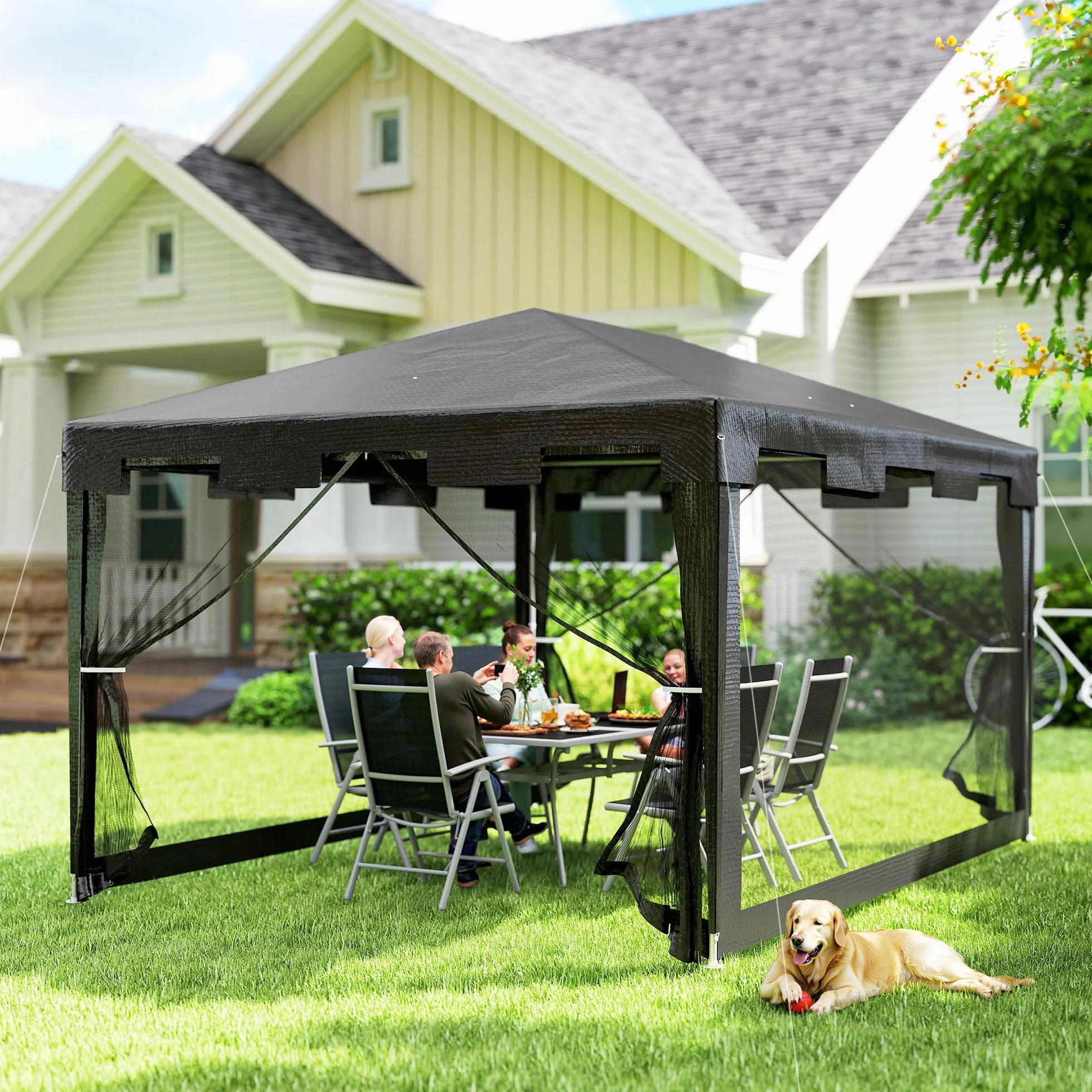 Outsunny Carpa de Jardín 4x3 m Cenador Desmontable Exterior con 4 Mosquiteras Laterales 2 Puertas con Cremallera y 6 Orificios de Drenaje Impermeable Anti-UV para Terraza Patio Playa Gris Oscuro