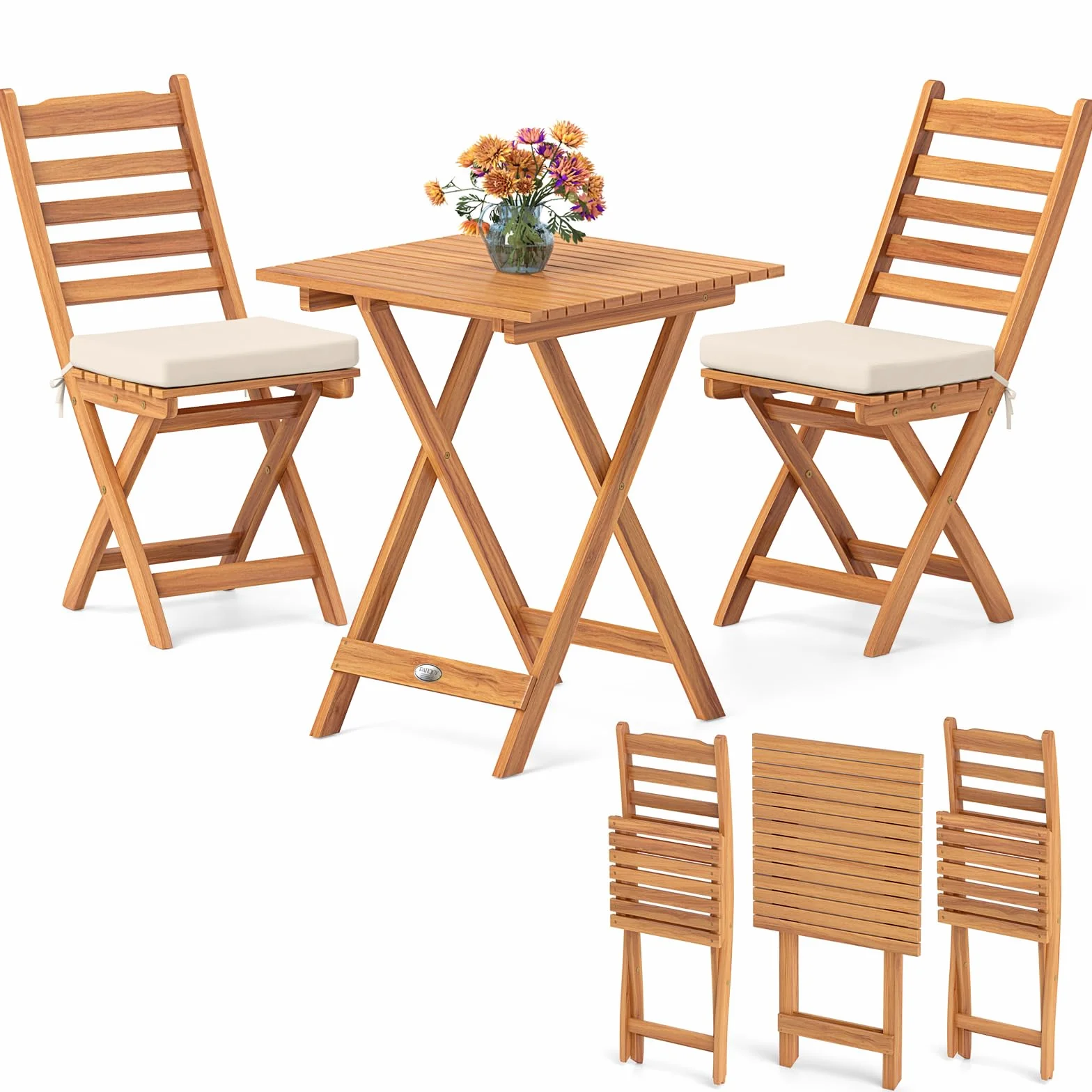 KOMFOTTEU Juego de Bistro 3 Piezas Plegables, Mesa y 2 Sillas de Madera de Acacia para Jardín
