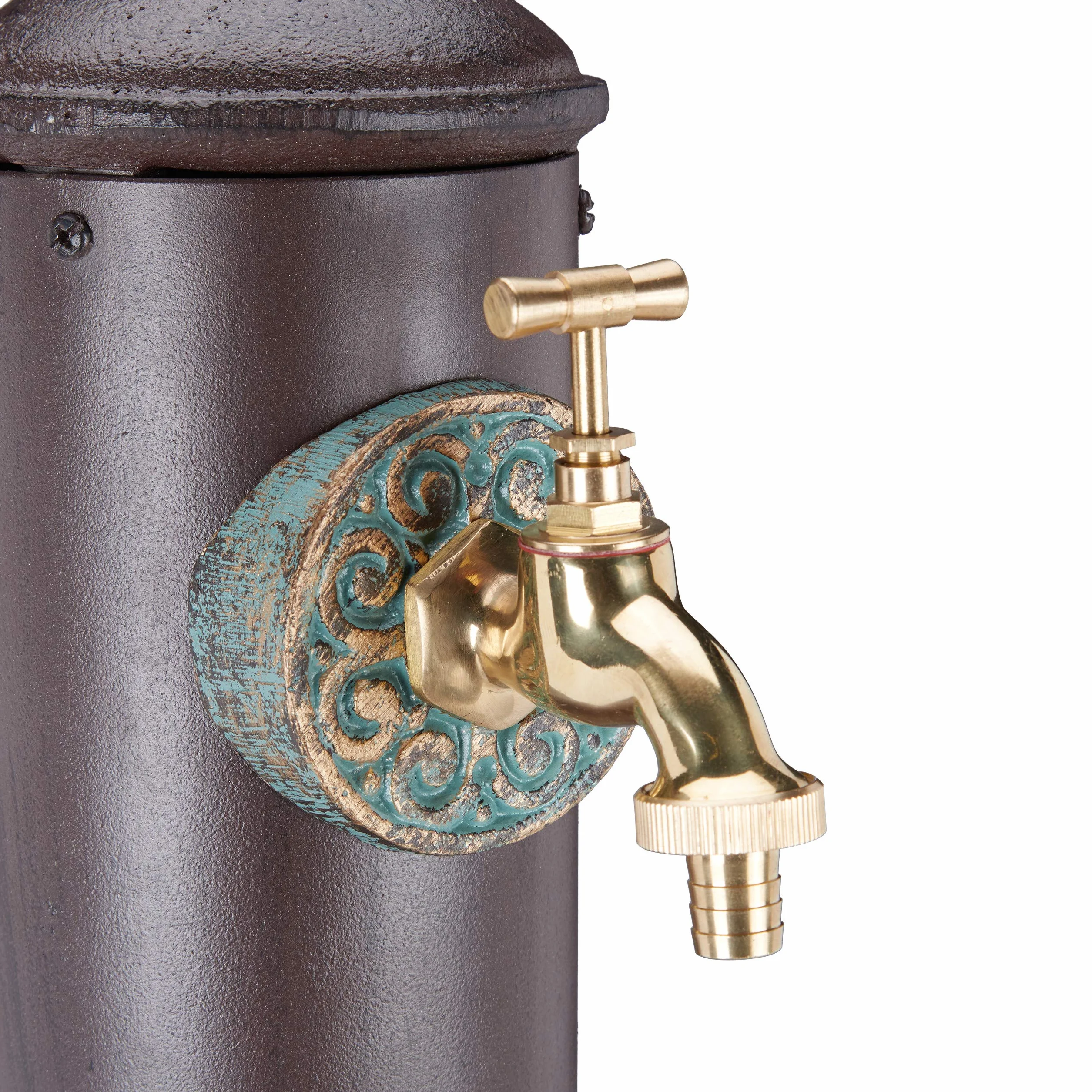 Relaxdays Fuente Jardín de Pie, Diseño Antiguo, con Grifo, Toma 3/4, Columna Redonda, Aluminio, 1 Ud., 91 cm, Marrón