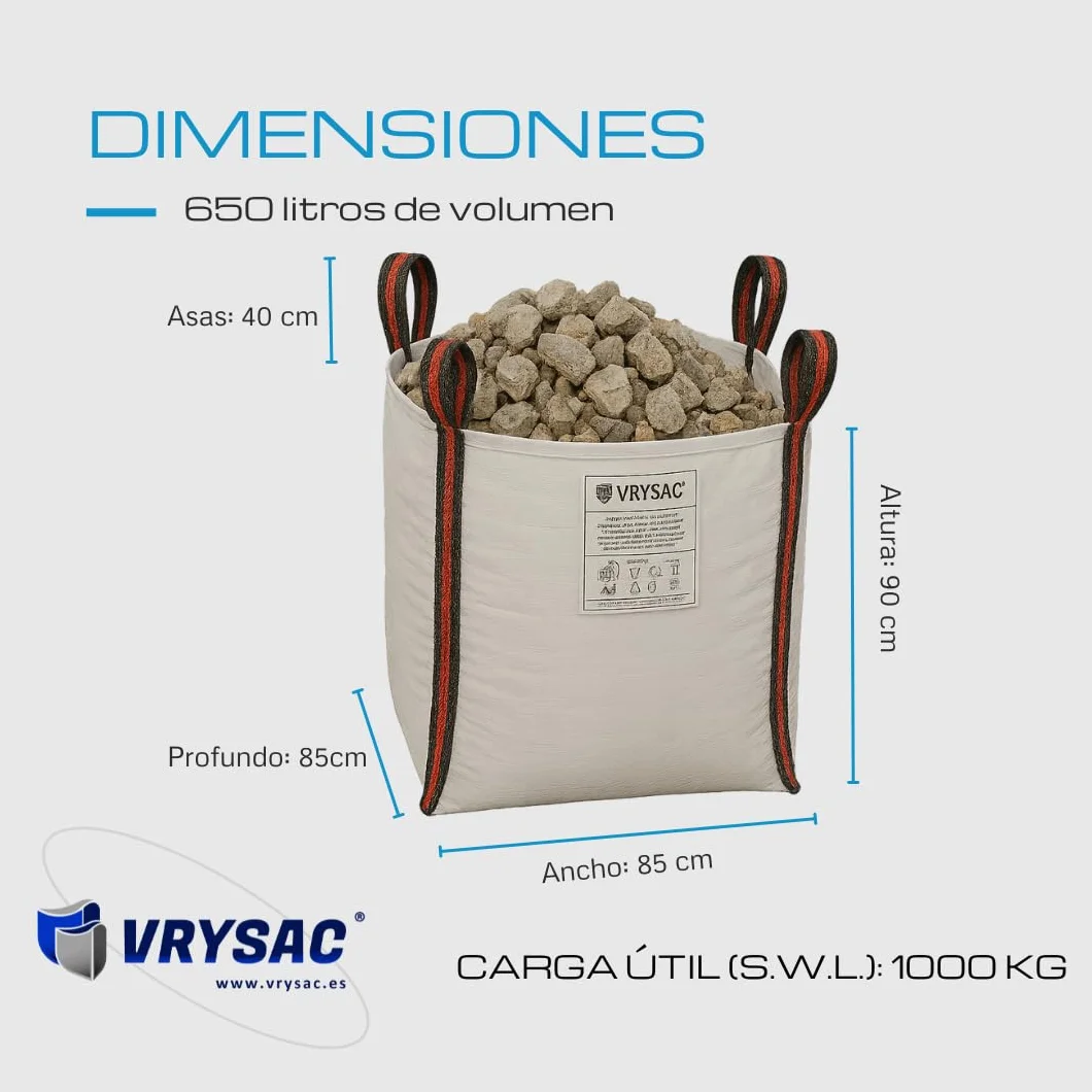 Big Bag 1000 kg 85x85x90 cm 4 asas 40 cm SF 6:1 saco escombros pack 2