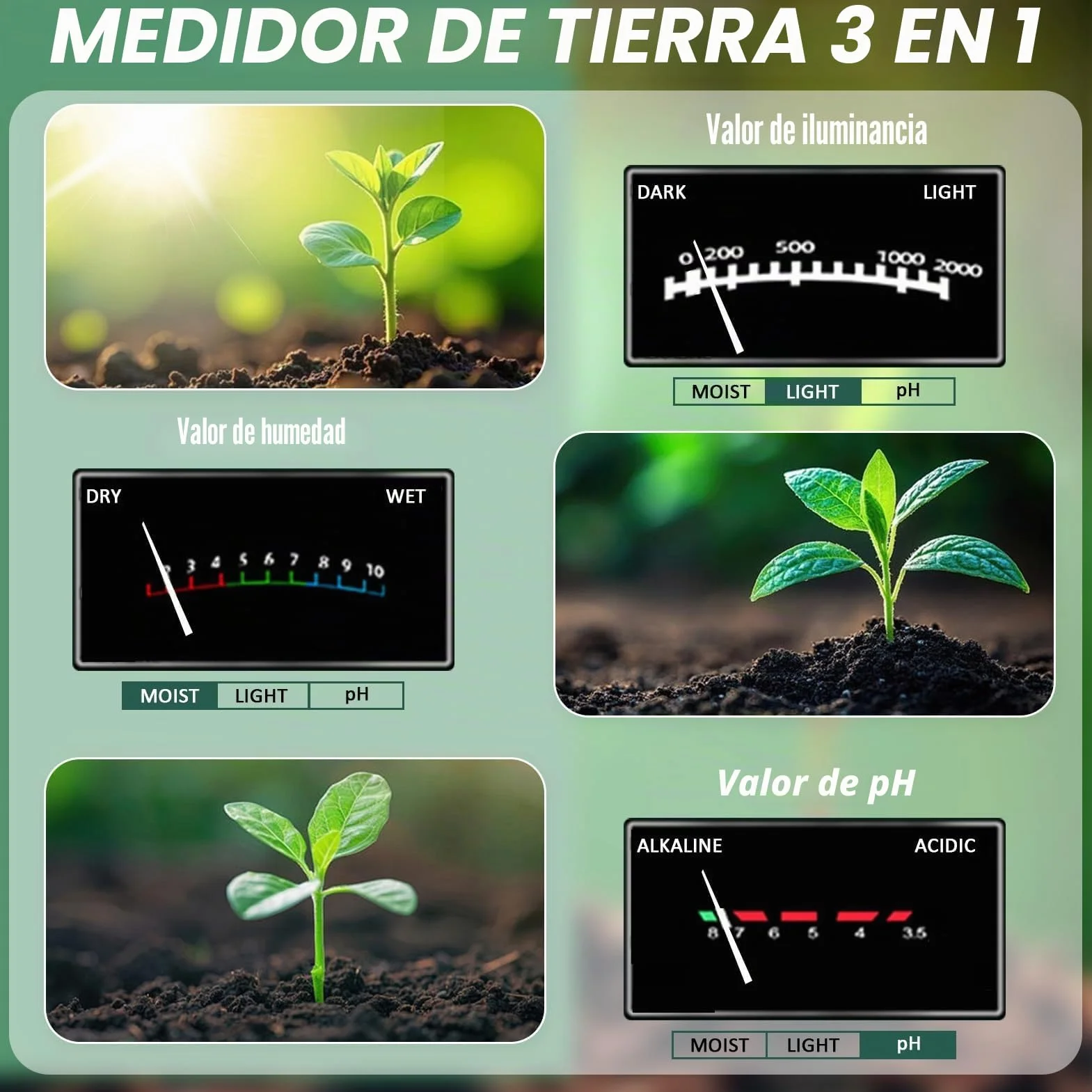 Medidor de Humedad y pH de Suelo, Higrómetro Sensor de Luz Preciso para Plantas Interior y Exterior
