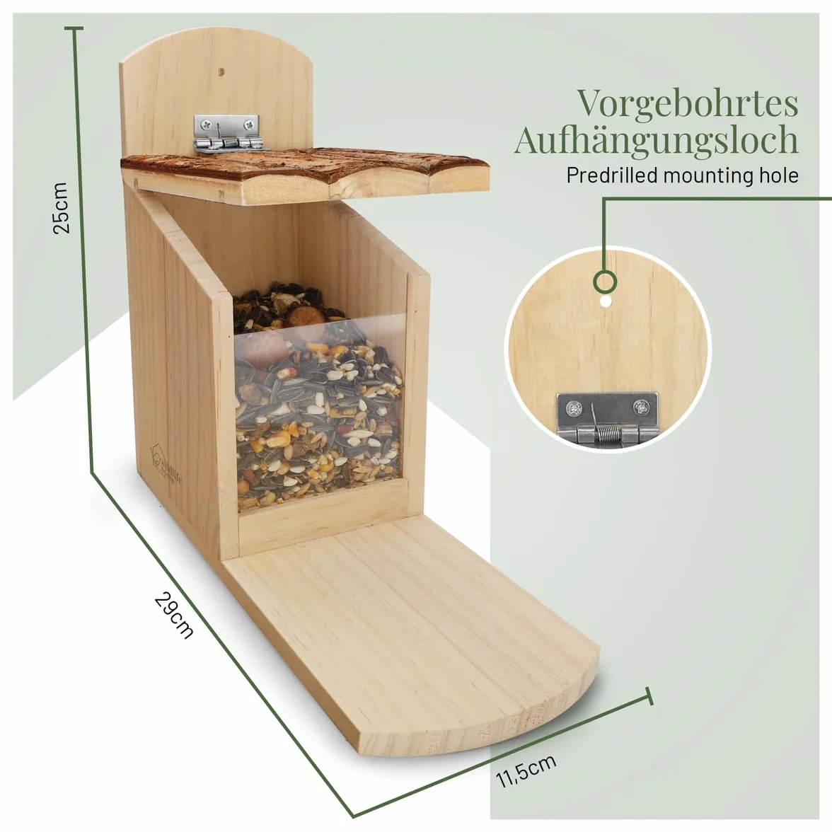 Comedero para ardillas de madera maciza WILDLIFE HOME con tejado de corteza resistente a la intemperie